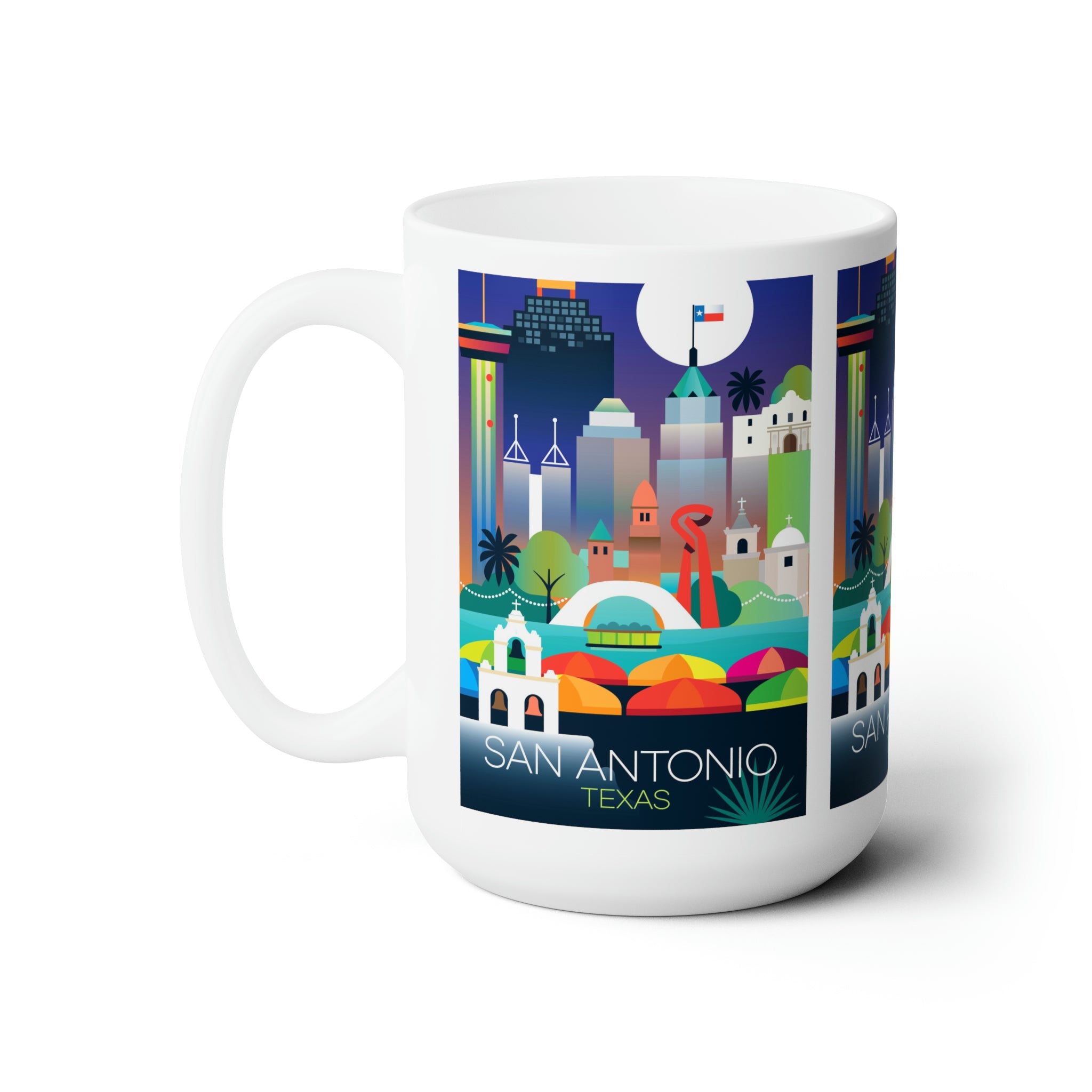 San Antonio ceramic mug featuring colorful cityscape design, perfect for hot beverages, custom printed, 11oz or 15oz size.