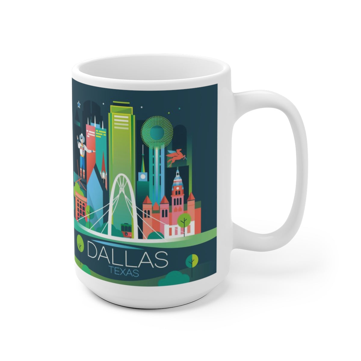 DALLAS 11 oz ceramic mug featuring a colorful cityscape design with iconic landmarks from Texas.