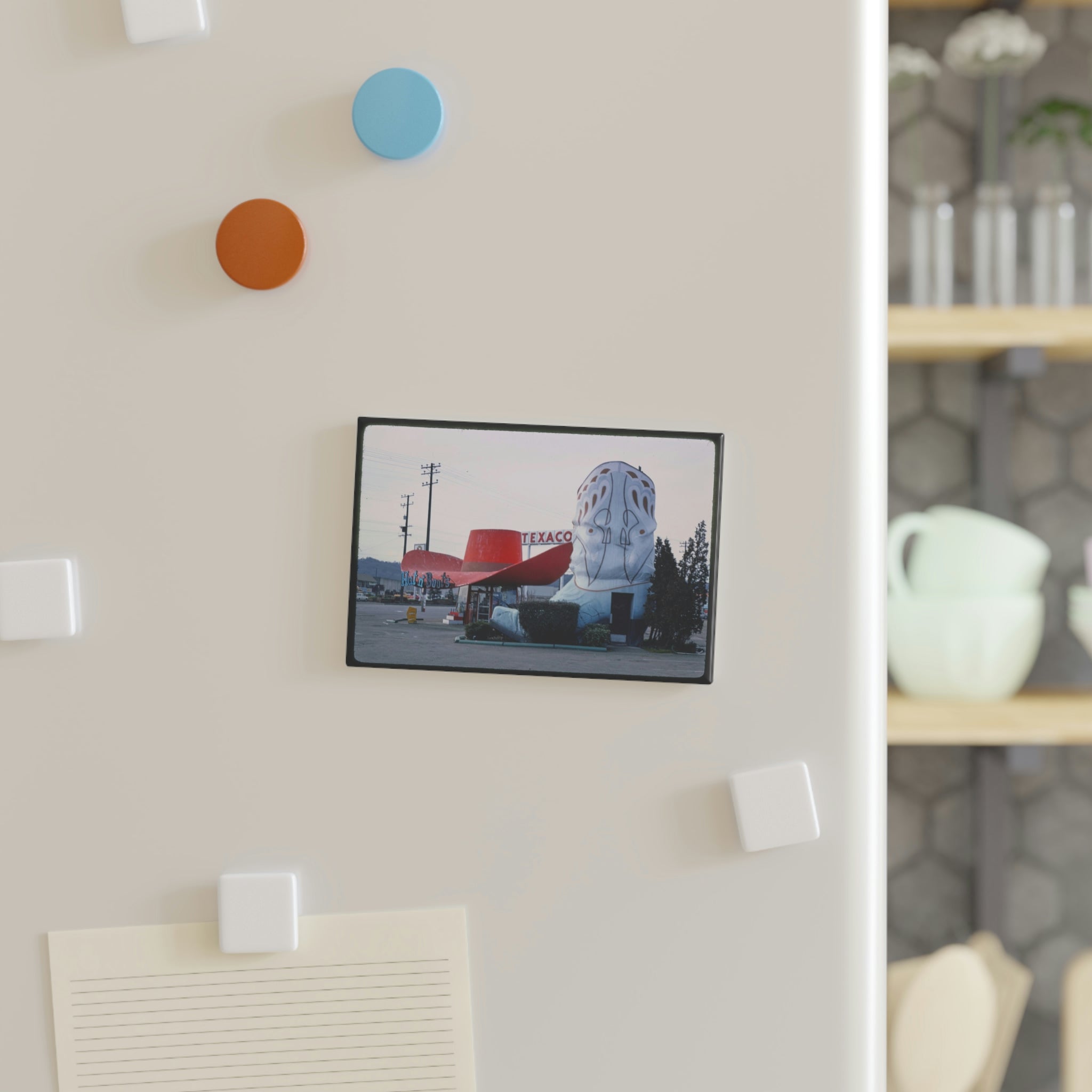 Hat & Boot magnet on a modern fridge, showcasing a quirky roadside photo from the Long Ago and Far Away Collection.