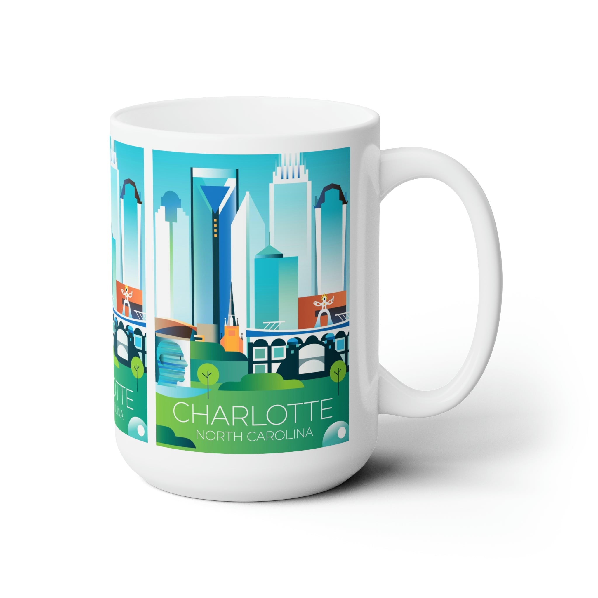 Charlotte Ceramic Mug featuring a skyline design, perfect for hot beverages and as a gift. Available in 11oz and 15oz.