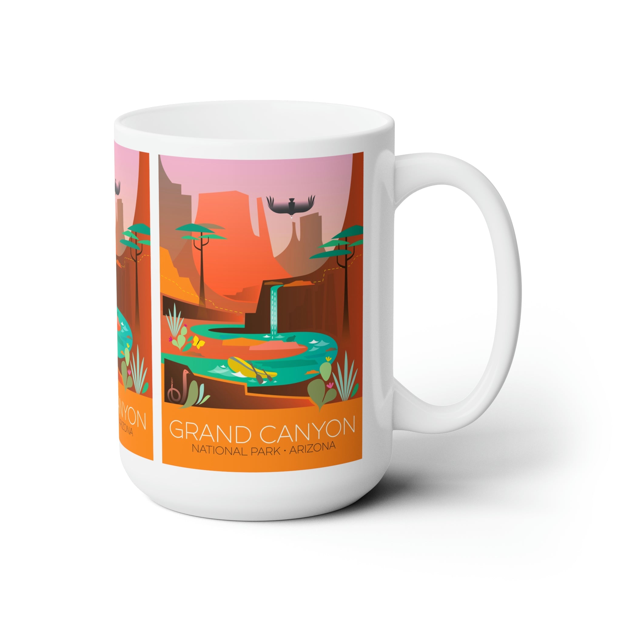 Grand Canyon ceramic mug featuring colorful design, ideal for hot beverages, available in 11oz and 15oz sizes.