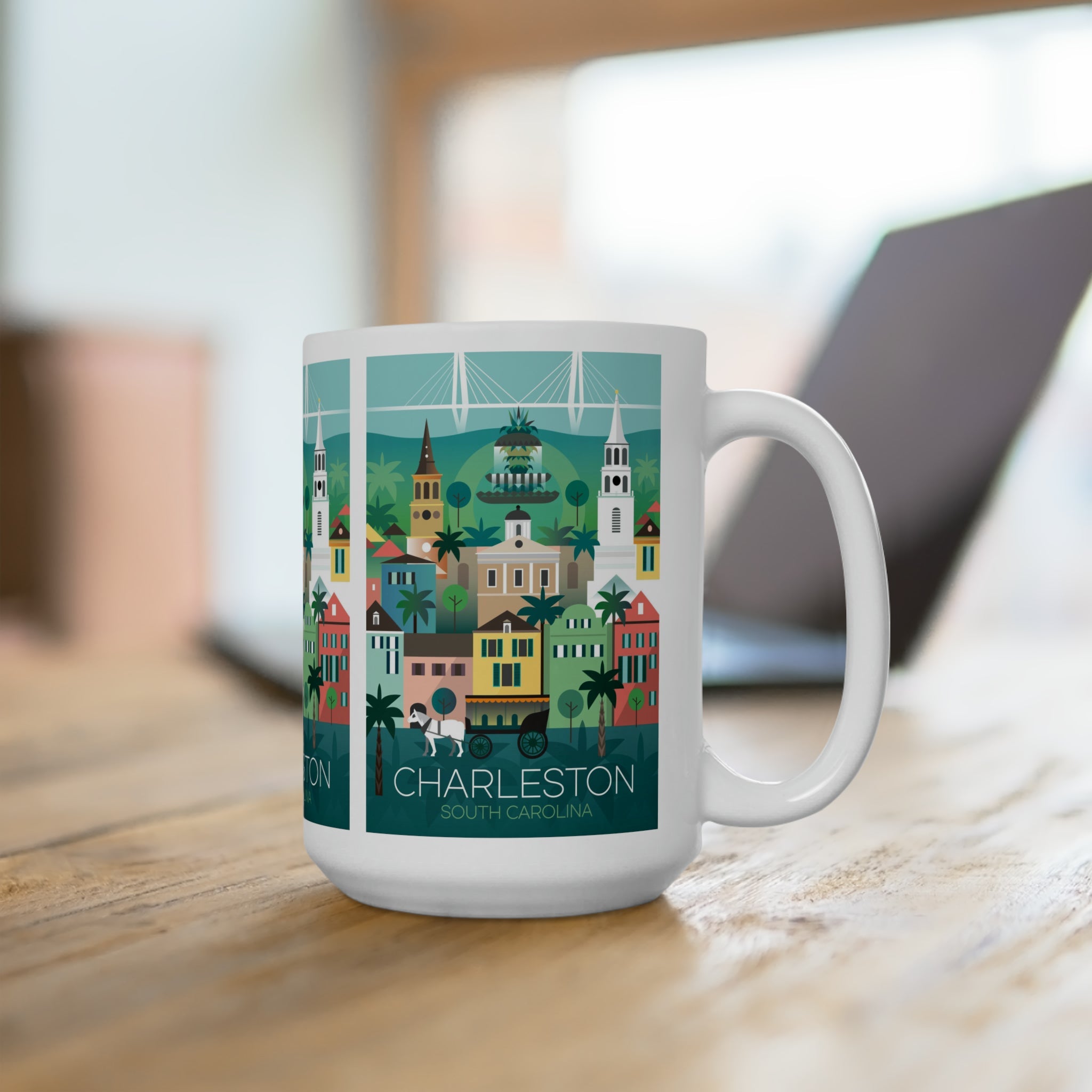 Charleston ceramic mug with colorful city design, ideal for hot beverages, perfect gift for coffee lovers.