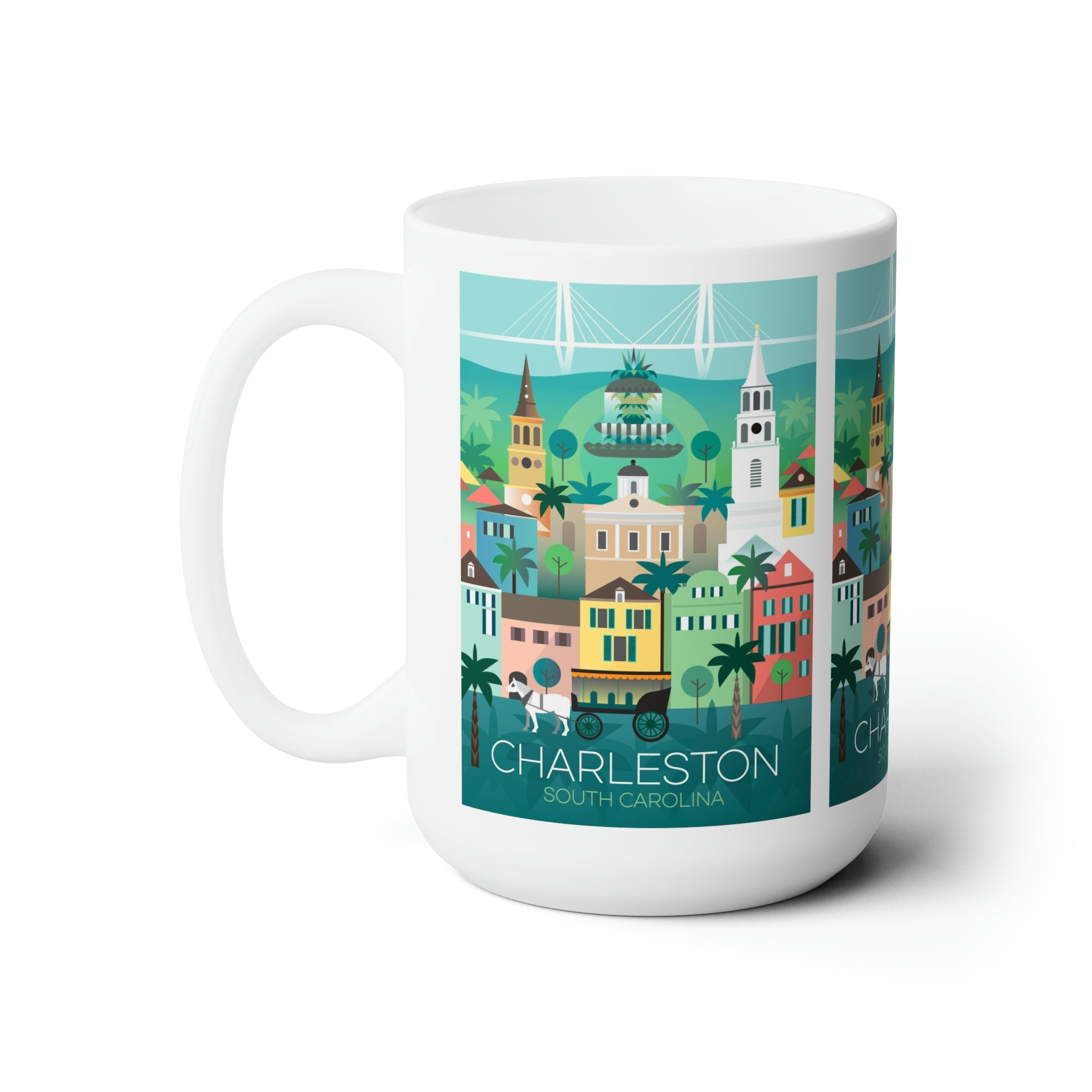 Charleston ceramic mug featuring colorful cityscape design, ideal for hot beverages and perfect gift for beverage lovers.
