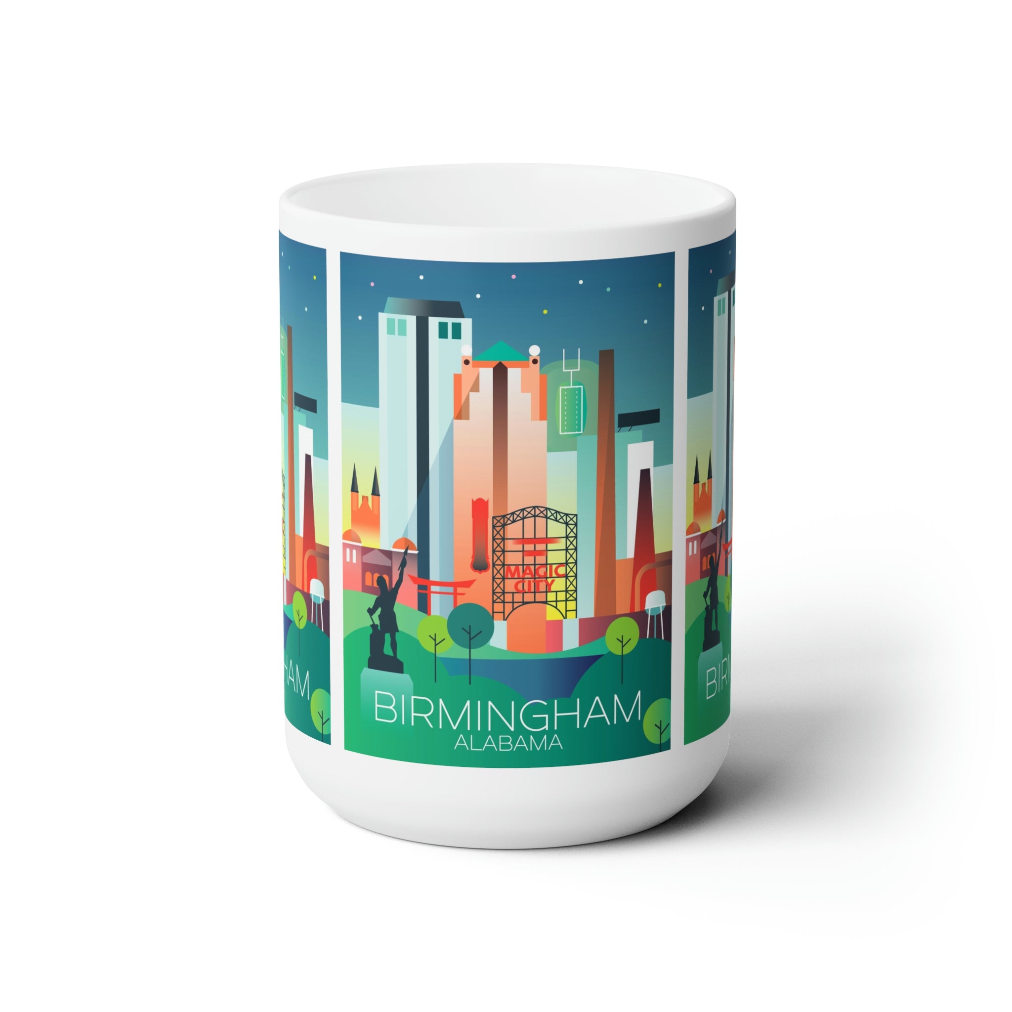Birmingham ceramic mug featuring a colorful design of Birmingham, Alabama's skyline and landmarks.