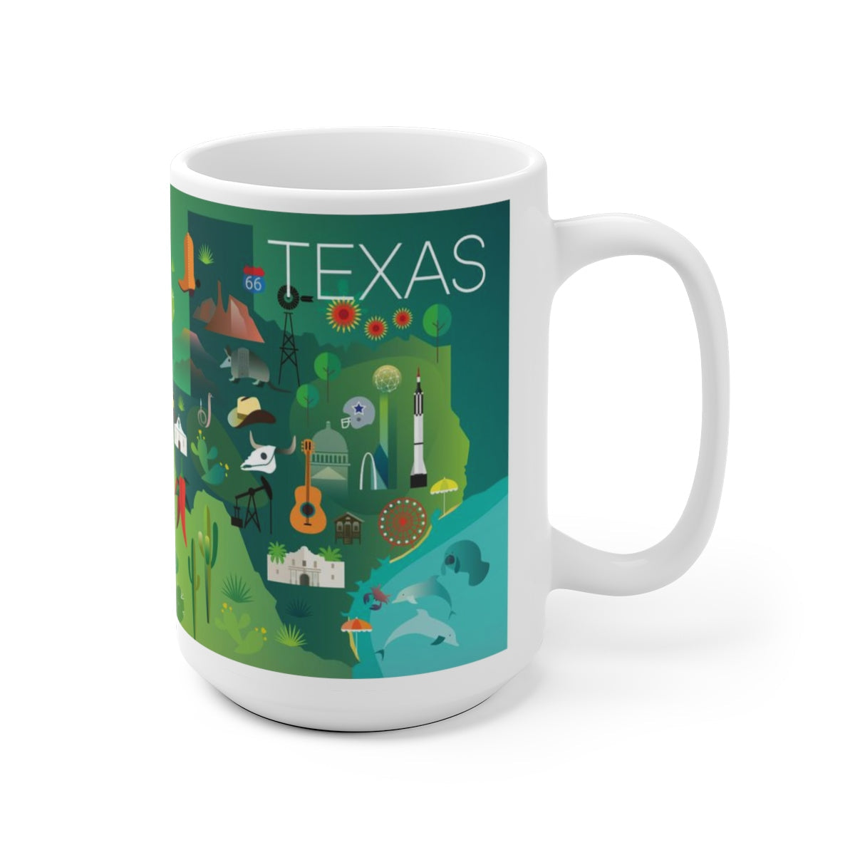 Colorful Texas-themed 11 oz ceramic mug featuring iconic symbols and landscapes, perfect for hot beverages.