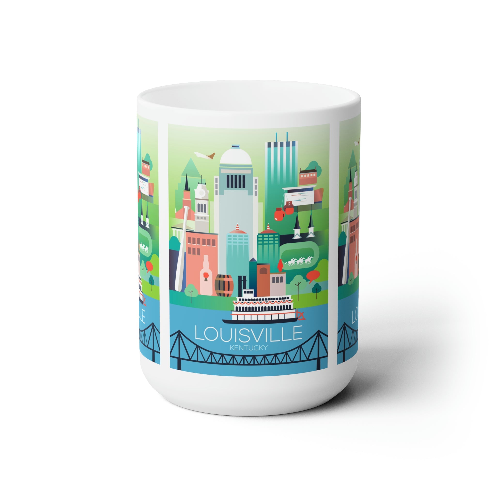 Louisville ceramic mug featuring iconic city skyline design, perfect for enjoying hot beverages in style.
