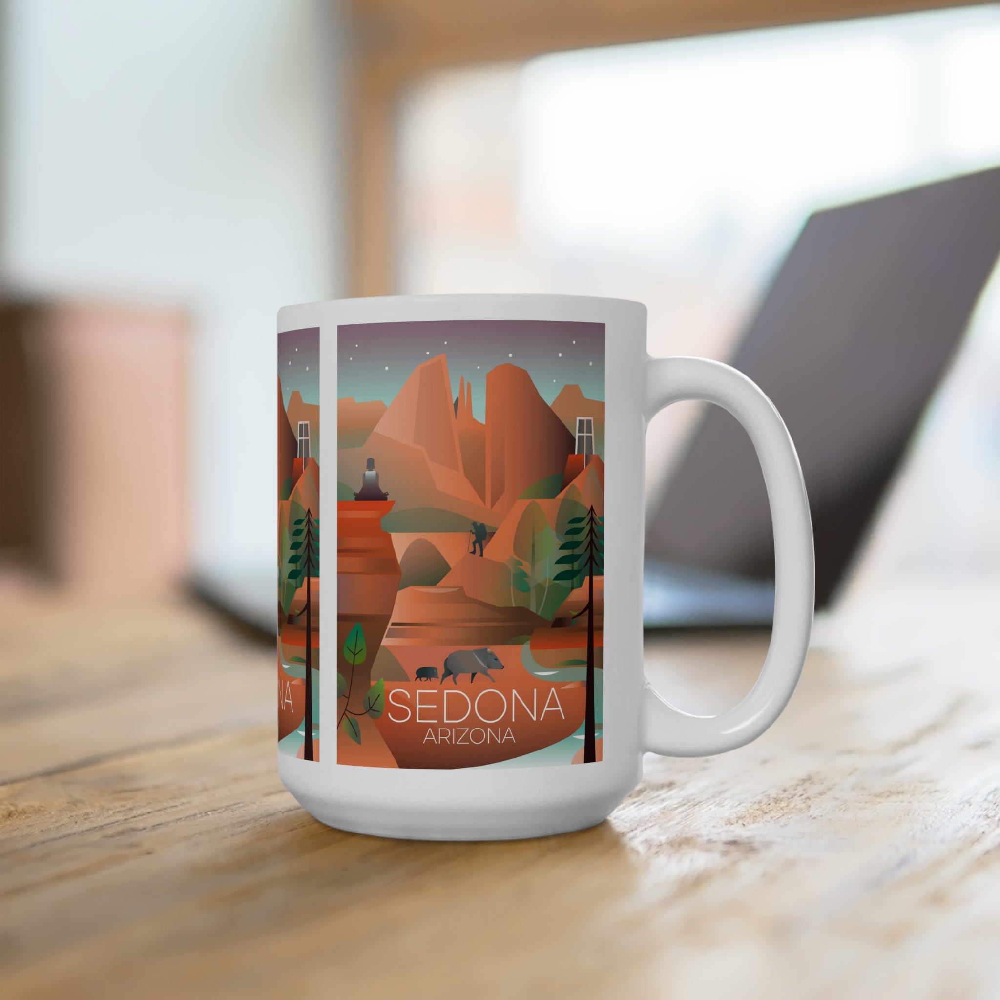 Sedona Ceramic Mug featuring colorful desert landscape design, perfect for hot beverages in 11oz or 15oz.