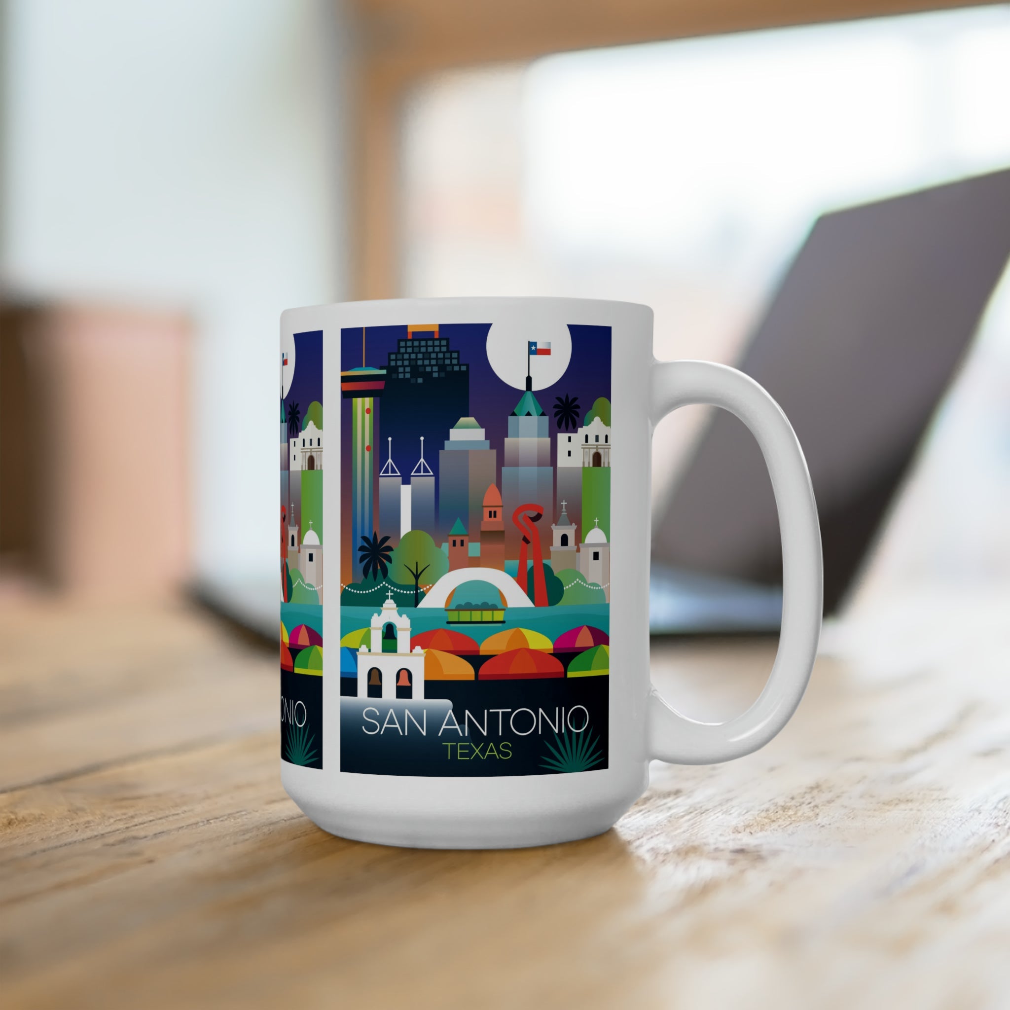 San Antonio ceramic mug showcasing vibrant cityscape design, perfect for hot beverages and as a thoughtful gift.