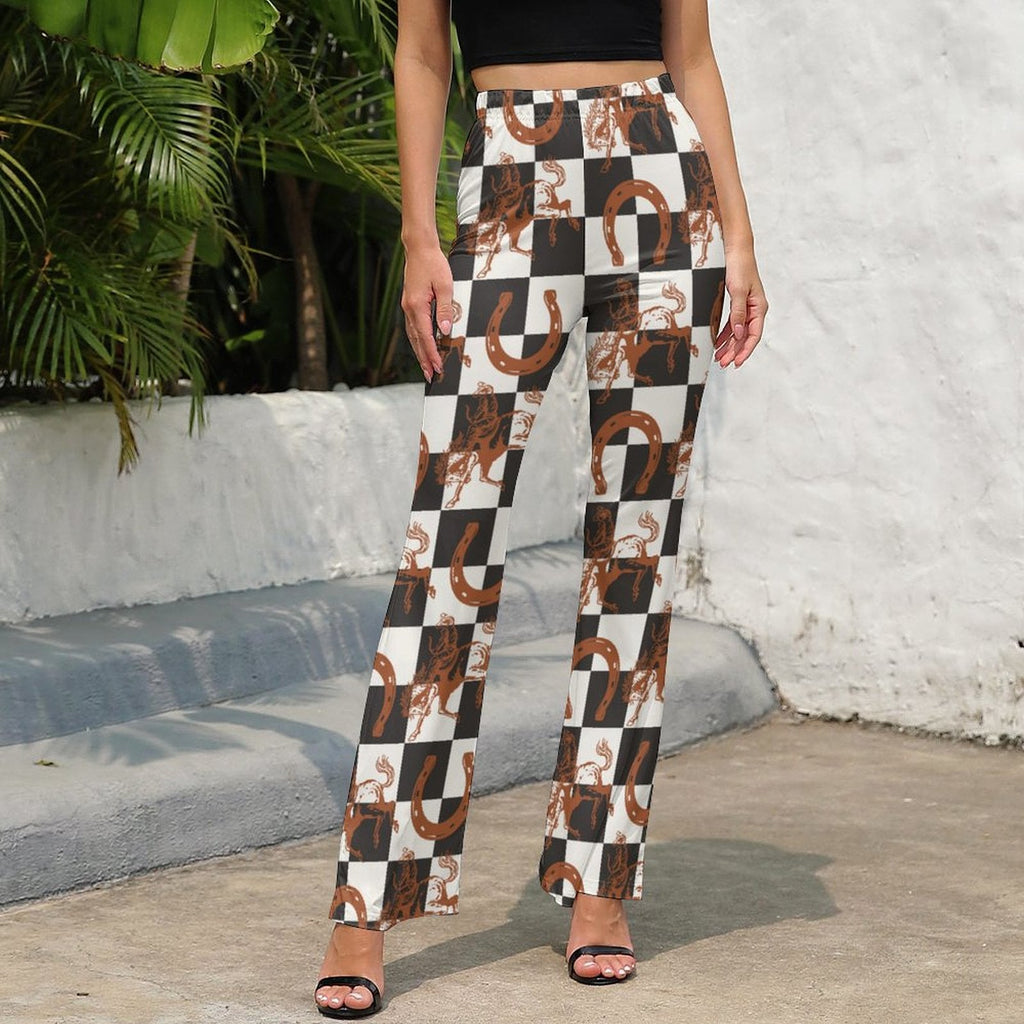 Checkered Rodeo Flare Pants featuring a bold animal print and high-waisted design, perfect for a modern Western look.