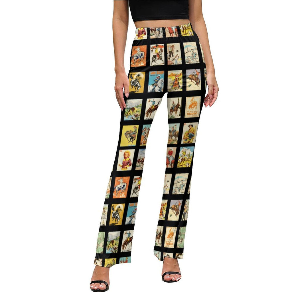 Vintage Cowboy Collage Western Flare Pants featuring retro rodeo poster prints and a high-rise fit.