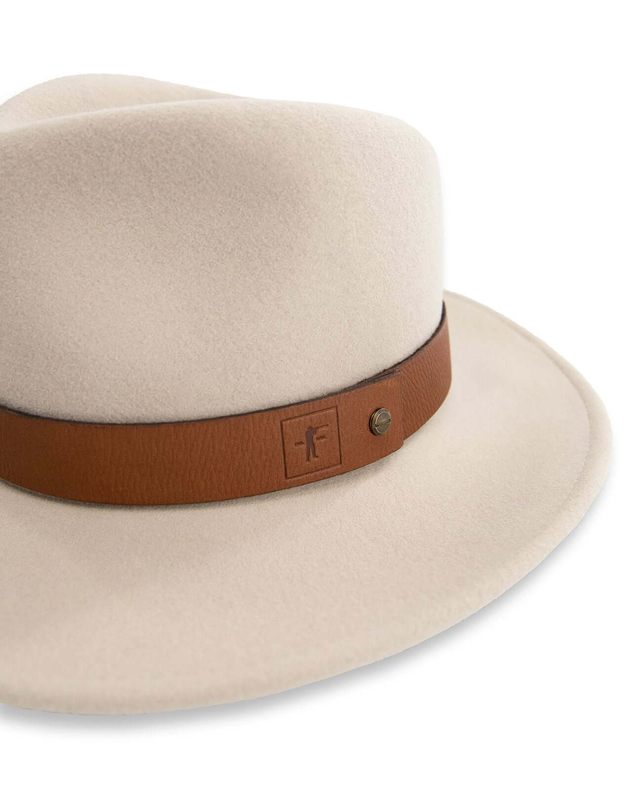 Brimmed field hat made of felted wool with a leather band and antique brass screw, perfect for year-round wear.