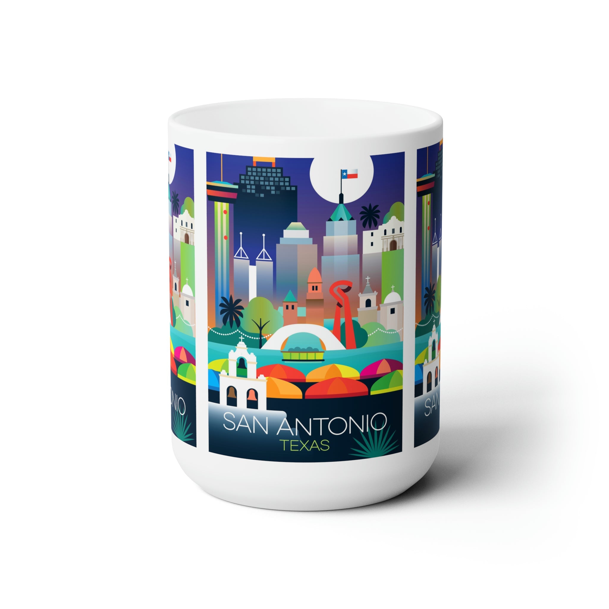 San Antonio ceramic mug showcasing vibrant cityscape design in 11oz or 15oz size, perfect for hot beverages.