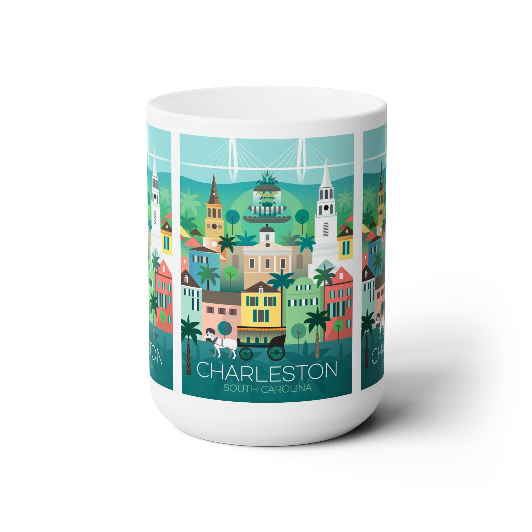 Charleston 11oz ceramic mug featuring vibrant cityscape design, perfect for hot beverages and gifts.