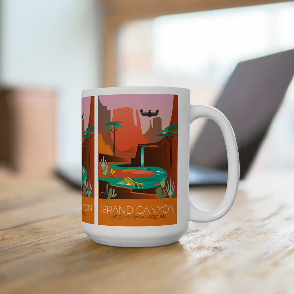 White ceramic mug featuring Grand Canyon design, perfect for hot beverages, available in 11oz and 15oz sizes.