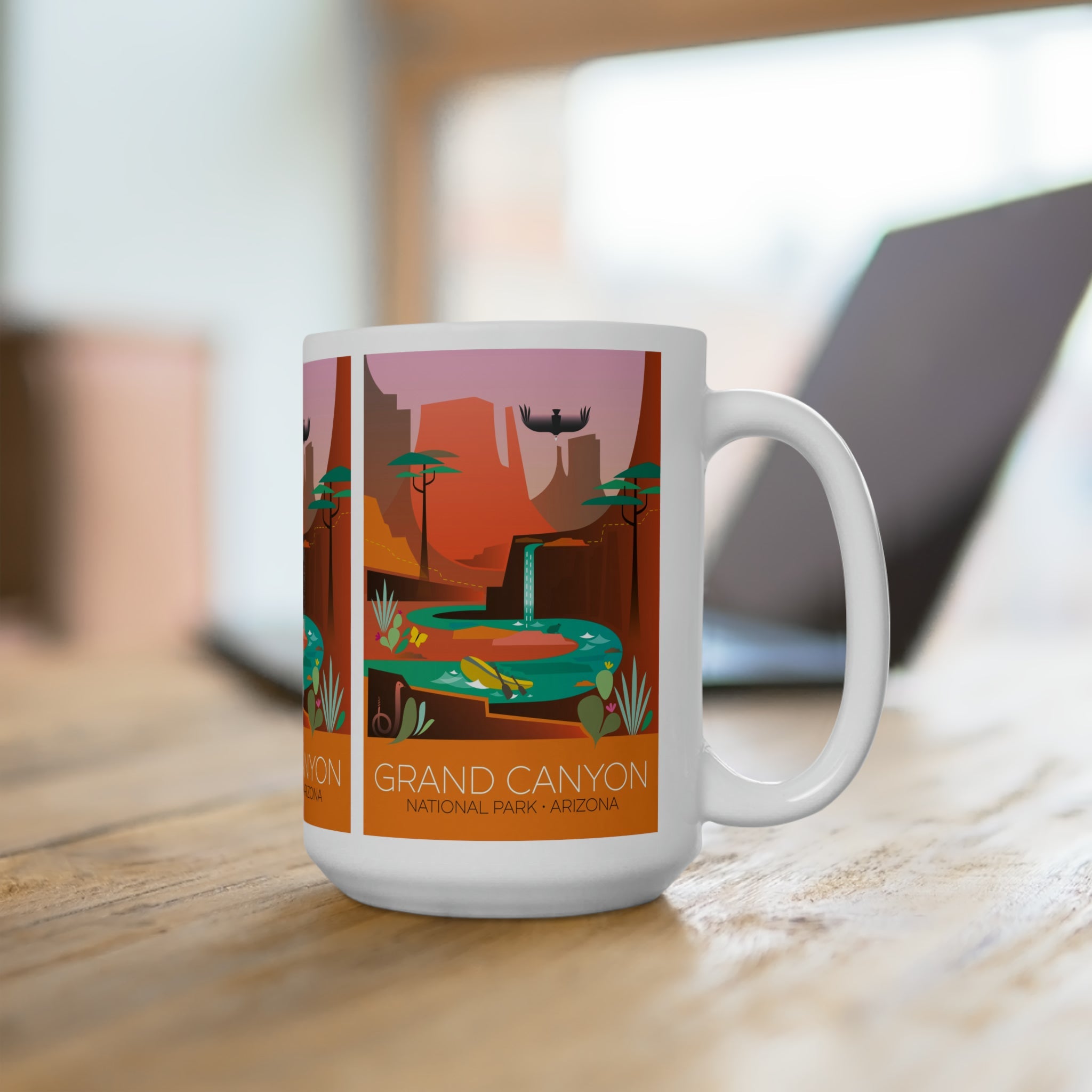 White ceramic mug featuring Grand Canyon design, perfect for hot beverages, available in 11oz and 15oz sizes.