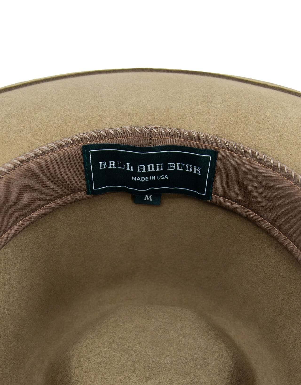 Inside view of a Ball and Buck Felted Wool Field Hat showcasing the brand label, Made in USA.