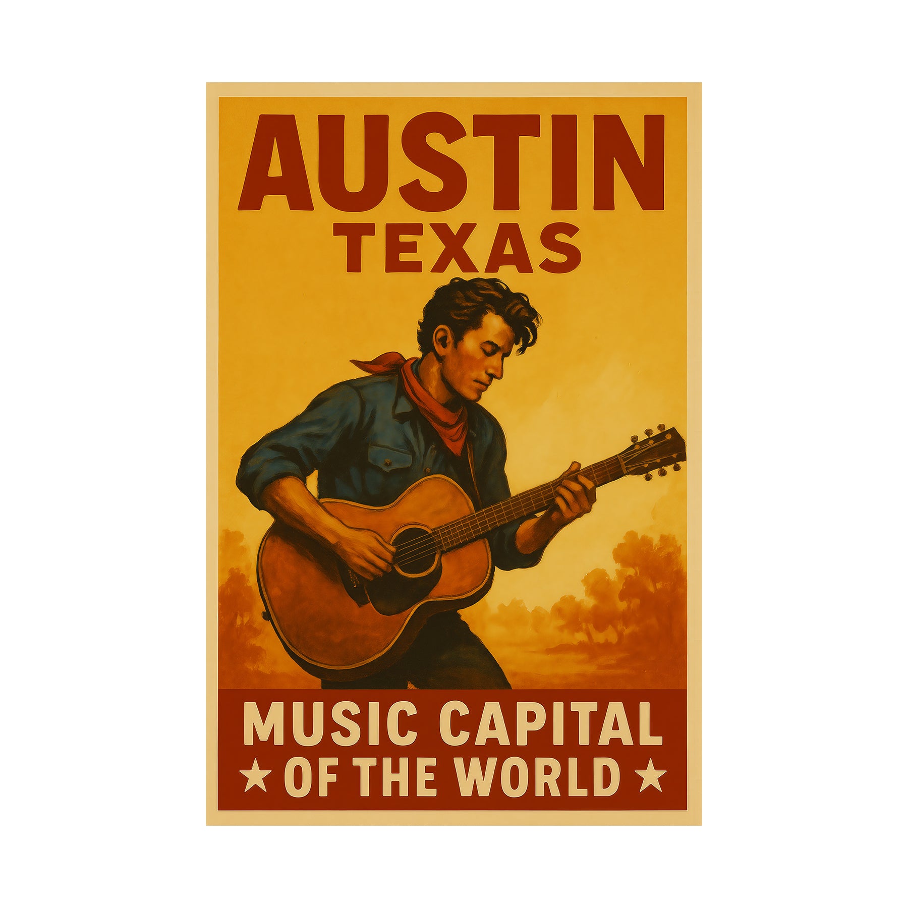 Vintage-inspired art print of a musician in Austin, Texas, celebrating its title as the Music Capital of the World.