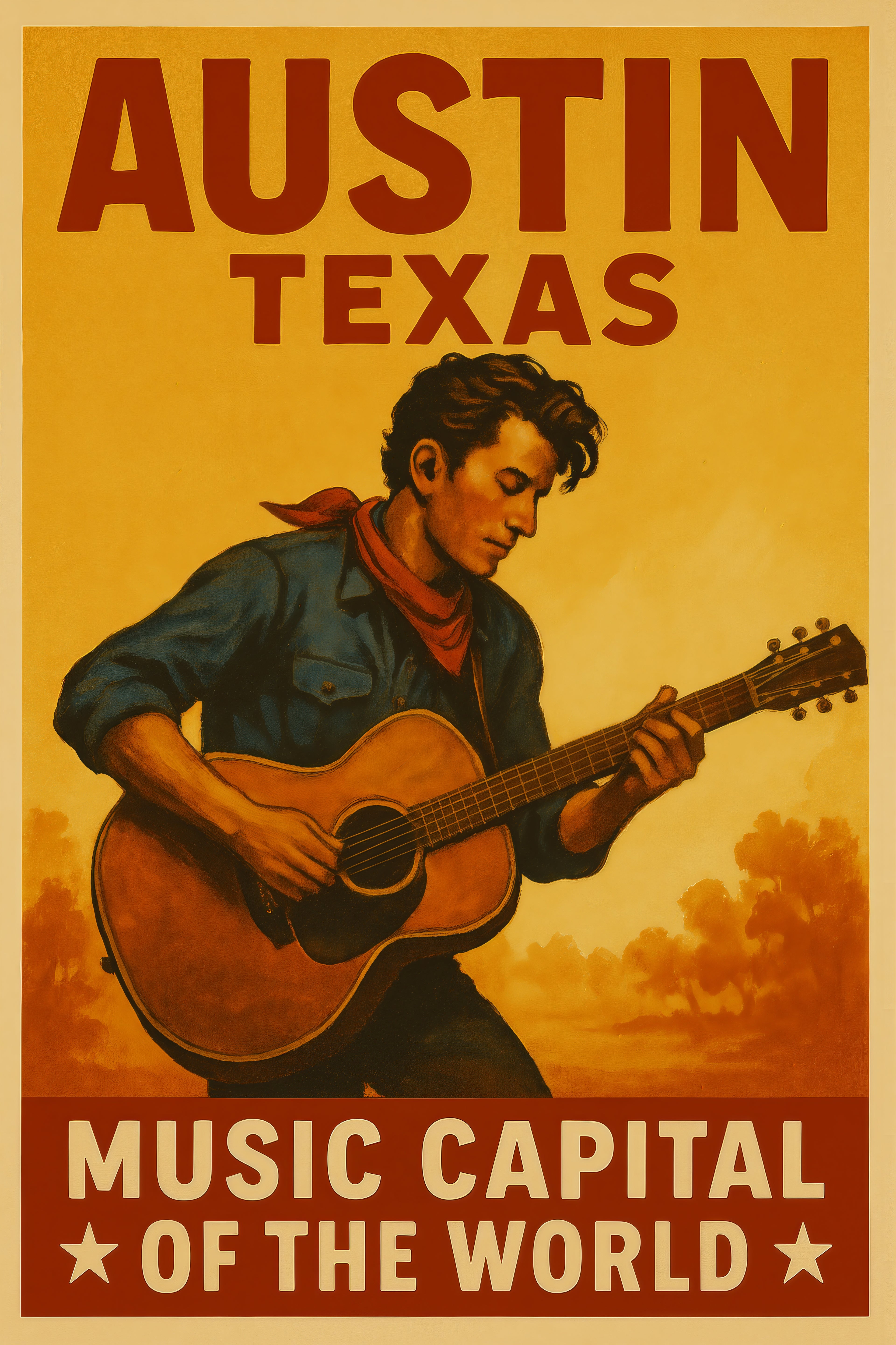 Vintage art print of a rugged musician playing guitar in Austin, Texas, Music Capital of the World theme.