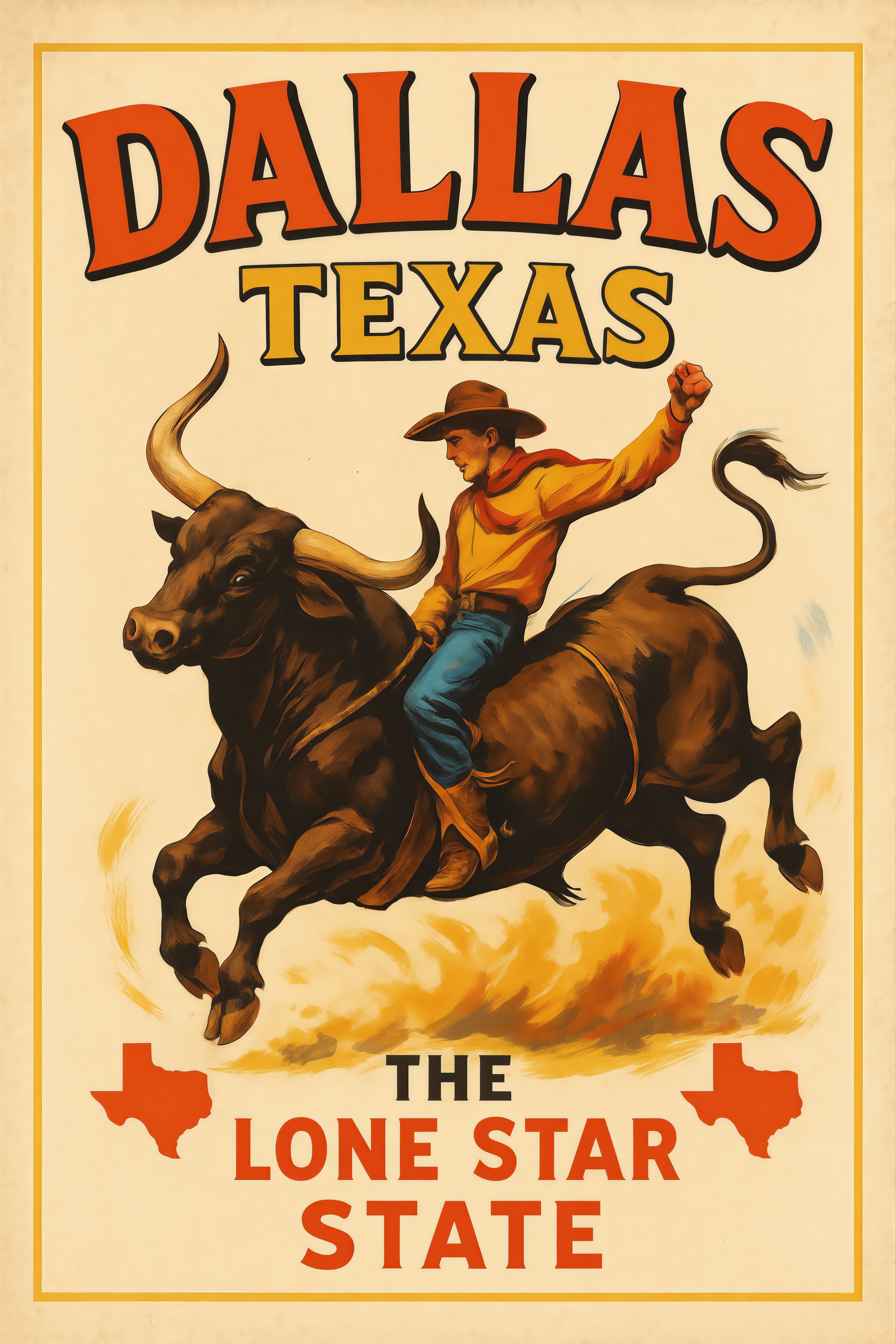 Vintage-inspired Dallas Texas art print featuring a cowboy riding a bull, celebrating Lone Star State pride.
