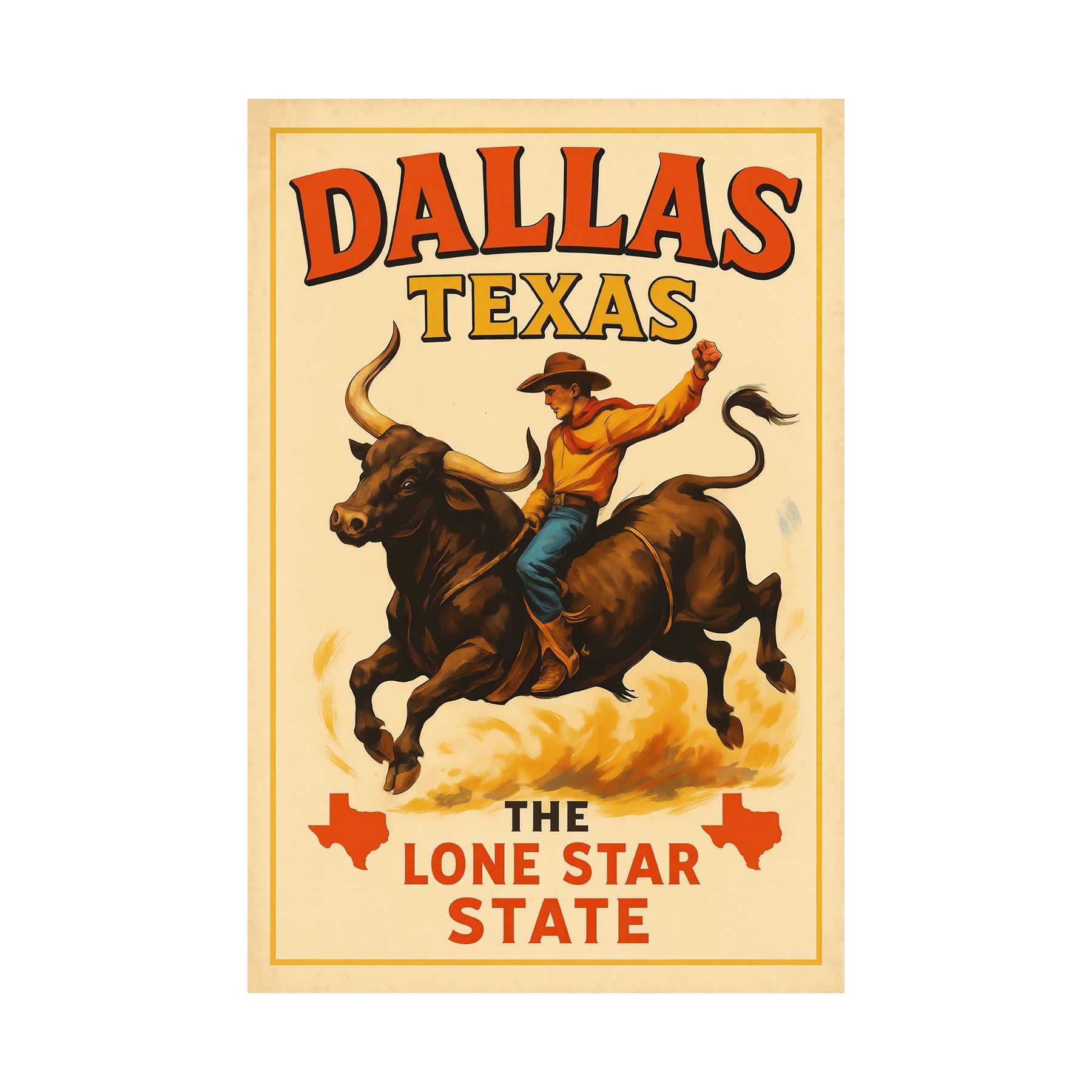 Vintage-inspired art print of a rodeo cowboy in Dallas, Texas, celebrating Lone Star State pride.