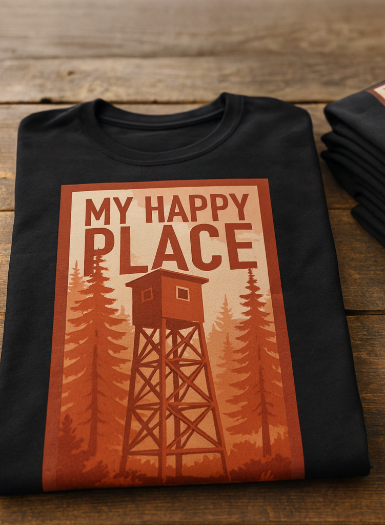 Black graphic tee featuring 'My Happy Place' design with a tree stand and forest backdrop.