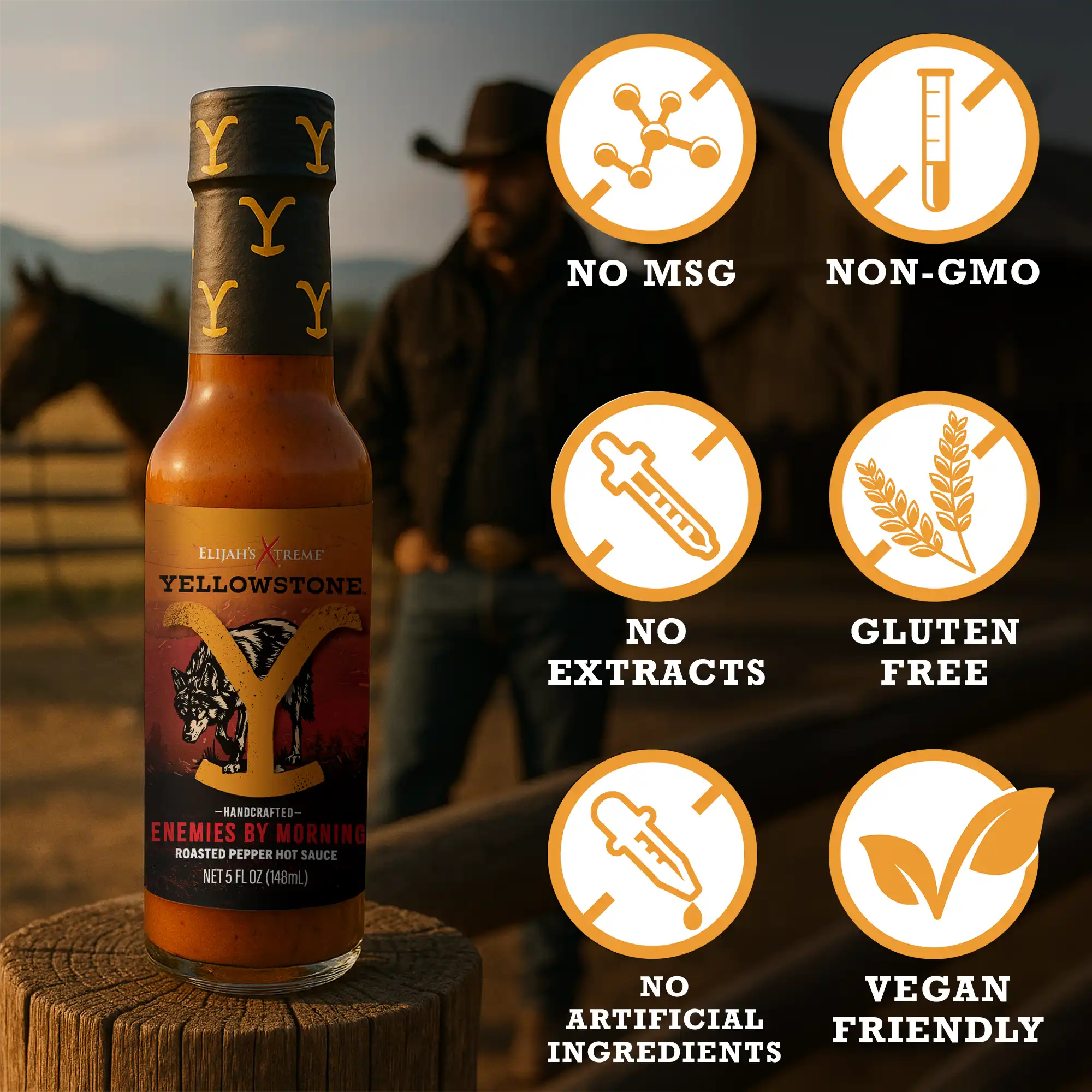 Bottle of Yellowstone Enemies by Morning Roasted Jalapeño Hot Sauce with vegan and gluten-free icons.