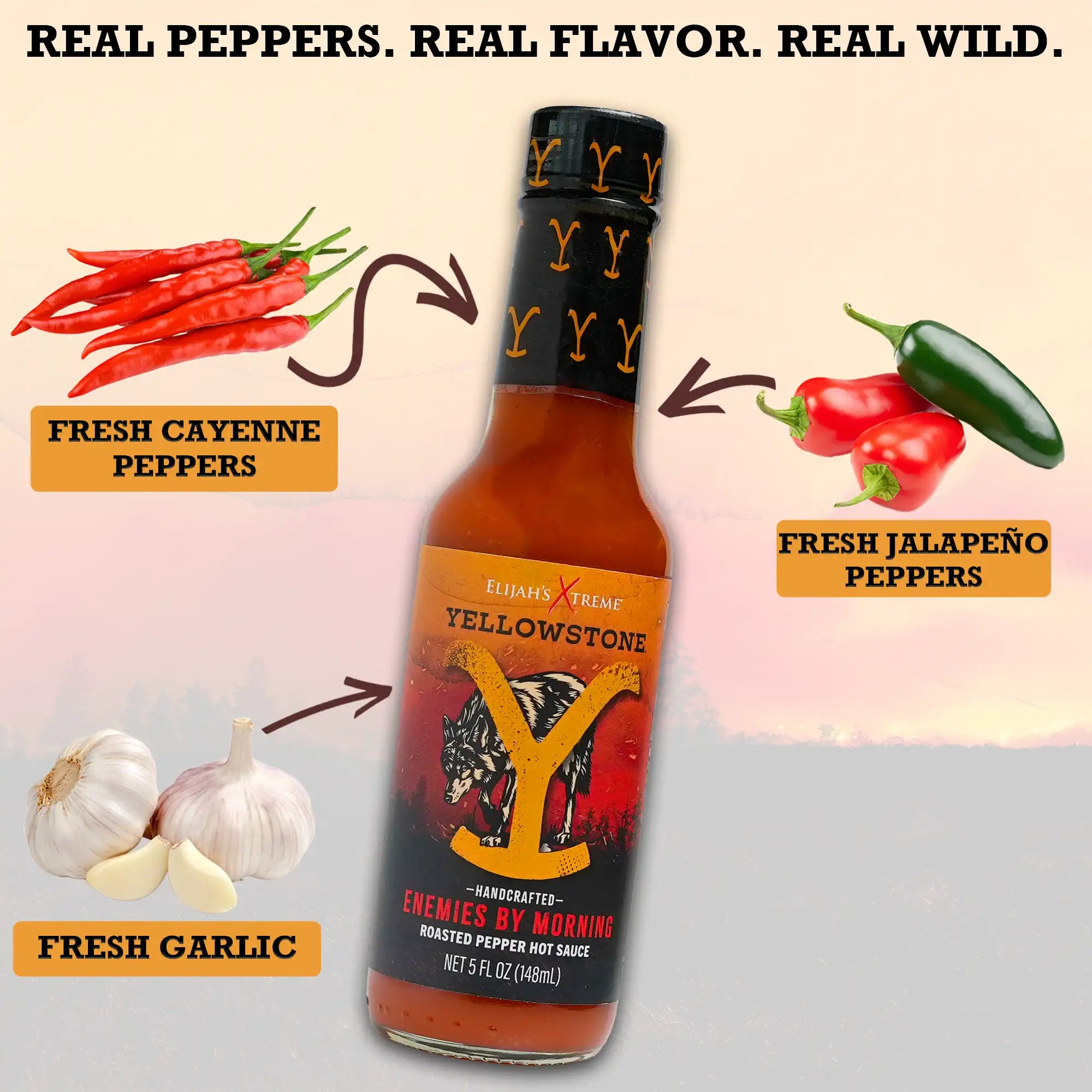 Enemies by Morning Roasted Jalapeño Hot Sauce with fresh peppers and garlic, perfect for a mild flavor kick.