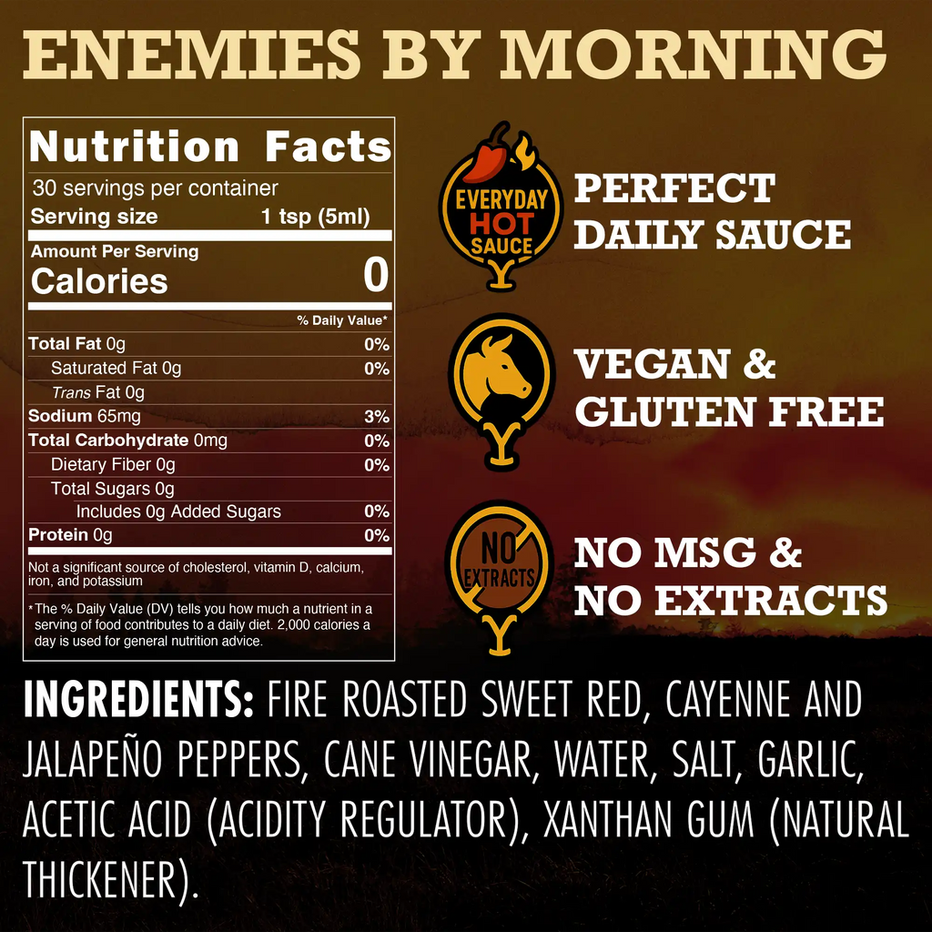 Nutritional facts for Enemies by Morning roasted jalapeño hot sauce, vegan, gluten-free, no MSG, perfect daily sauce.