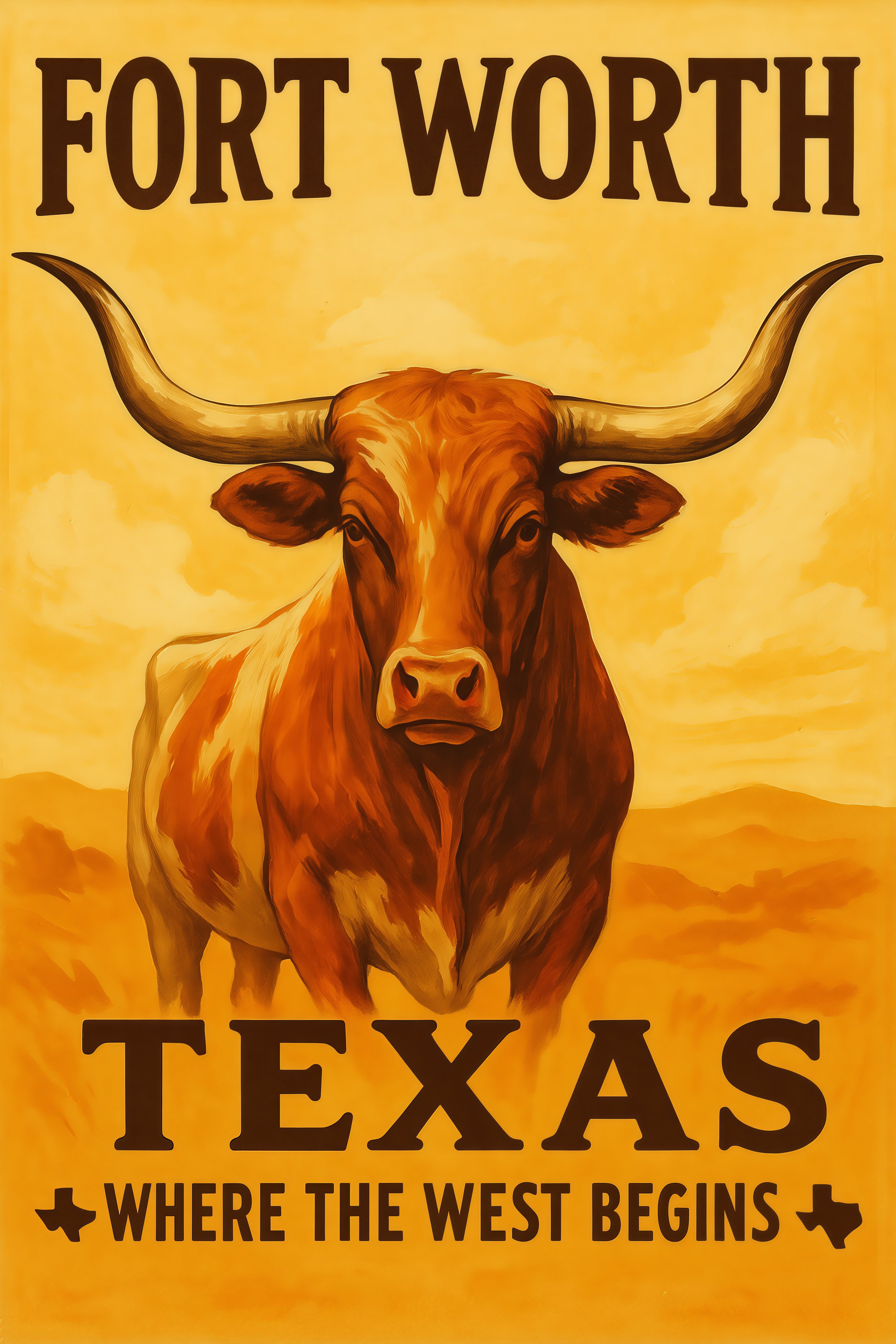 Vintage-style Fort Worth, Texas art print featuring a bold longhorn in warm tones, celebrating Western heritage.
