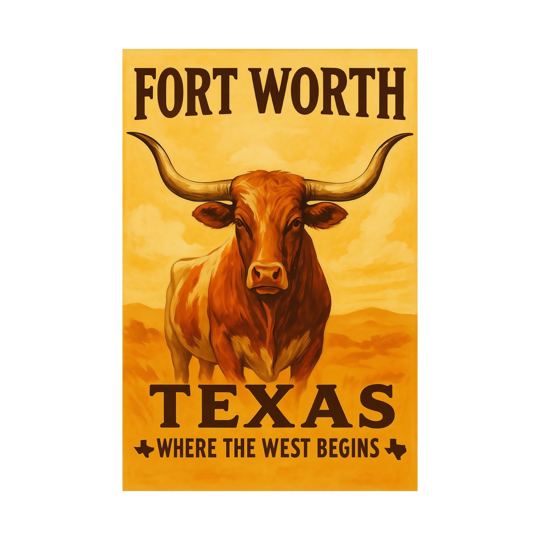 Vintage-inspired Fort Worth art print featuring a longhorn and text 'Where the West Begins'.