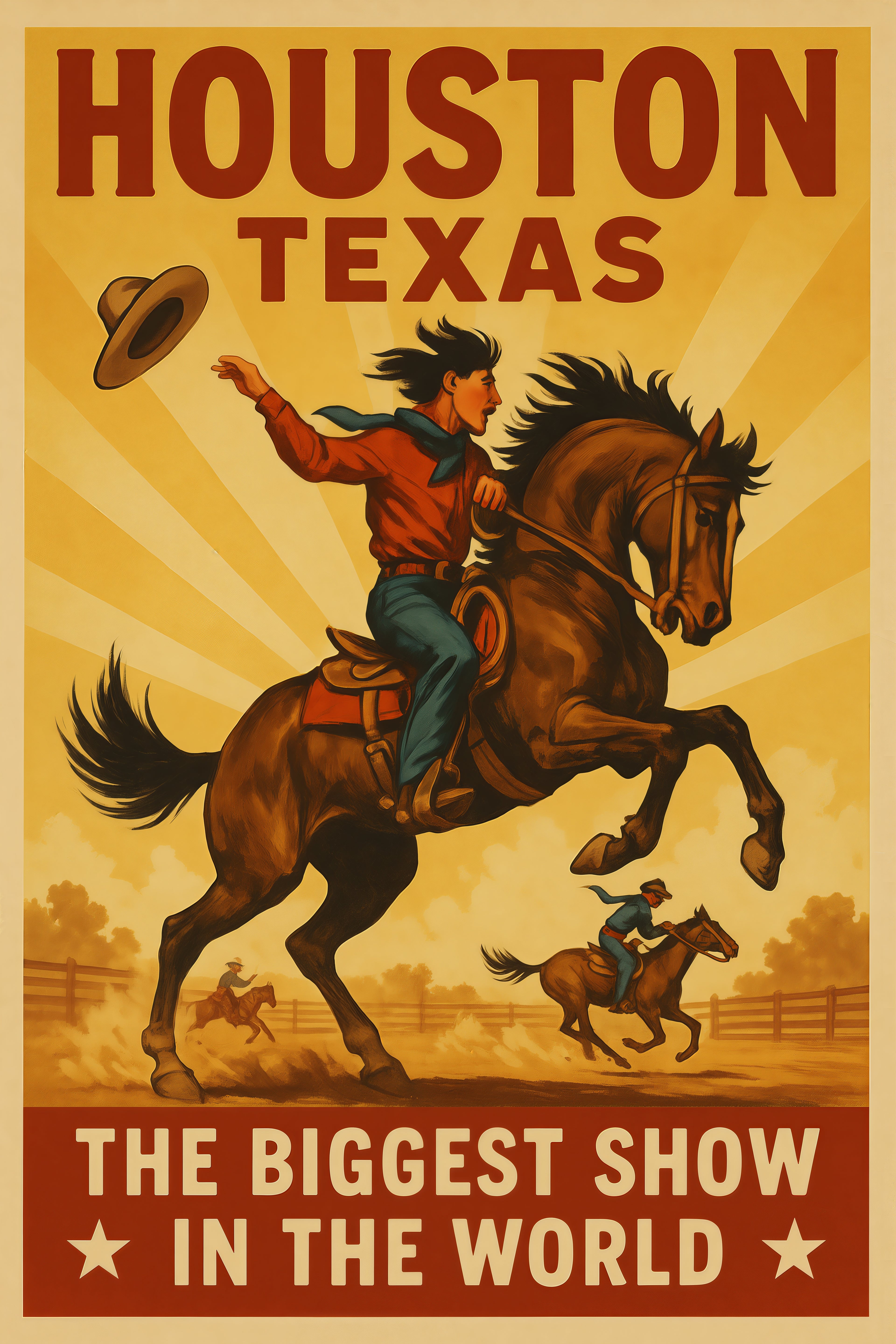 Vintage-inspired art print of Houston, Texas, showcasing a cowboy riding a rearing horse in a dynamic rodeo scene.