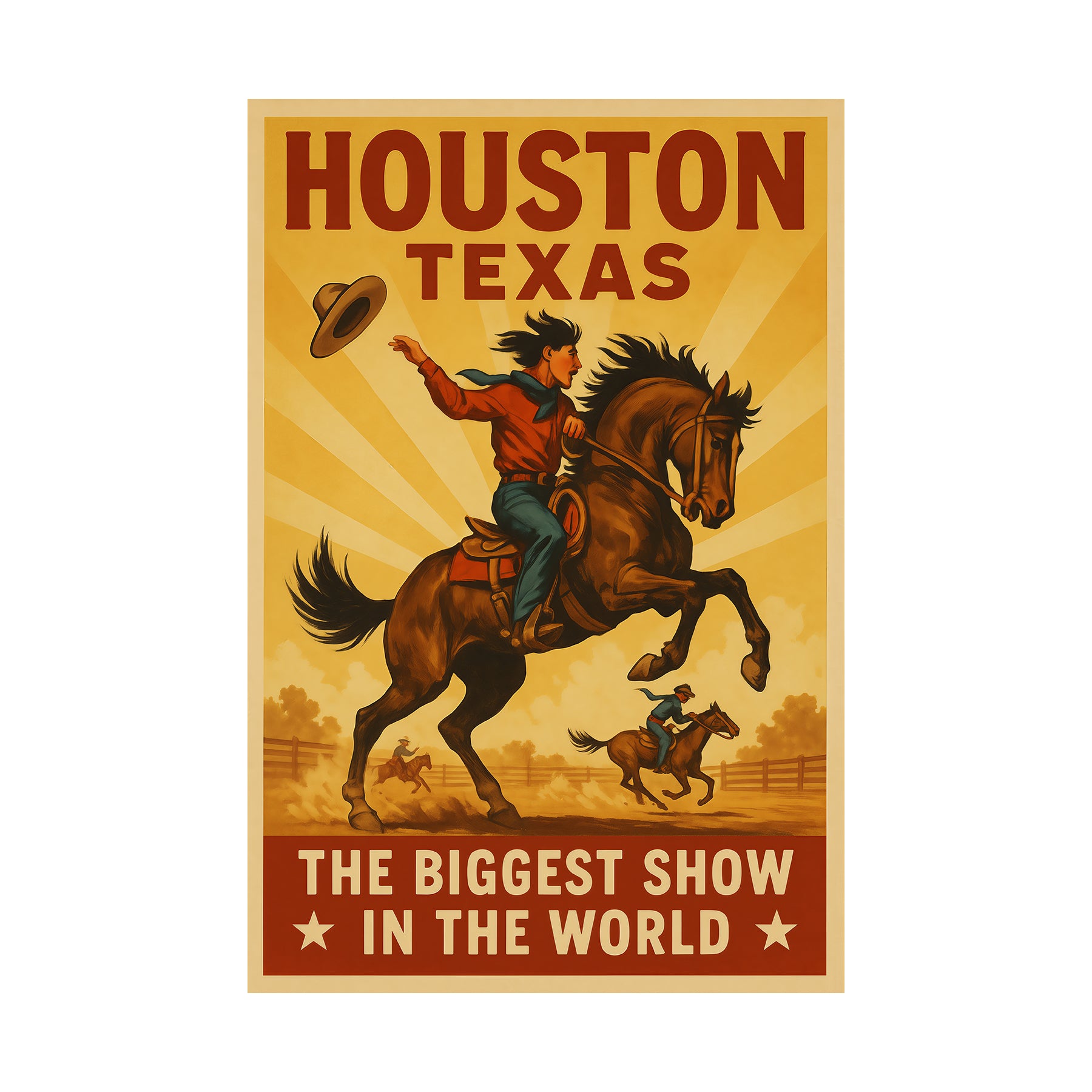 Vintage-inspired art print of a cowboy riding a horse, celebrating Houston, Texas and The Biggest Show in the World.