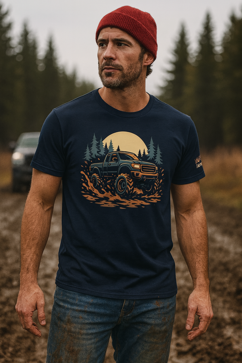 Man wearing Mud Tires & Moonlight Tee, featuring a truck in mud under a full moon, set in a forest backdrop.
