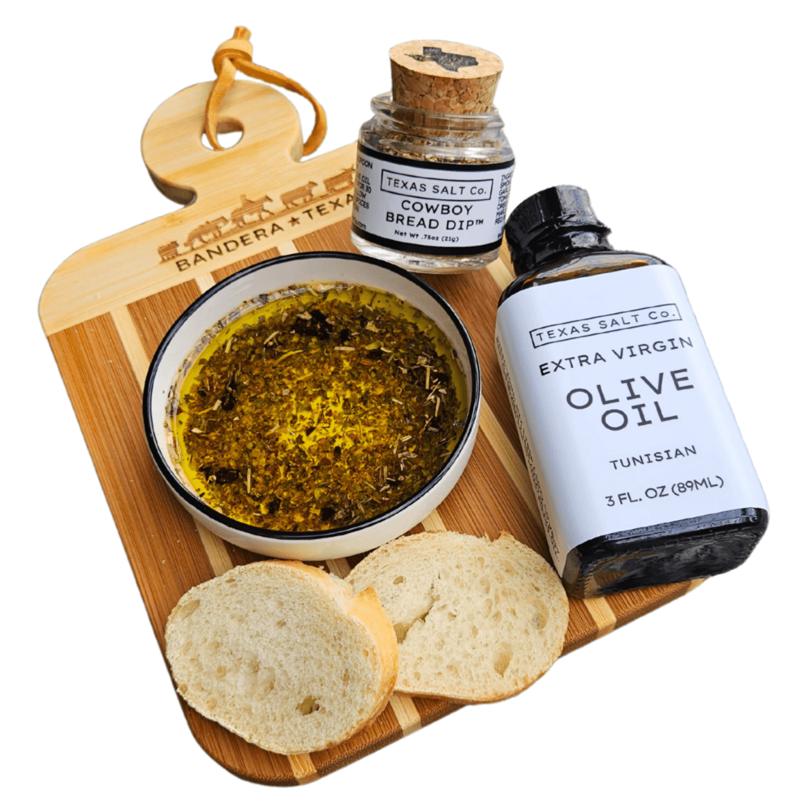 Delicious Bread Dip Gift Set featuring olive oil, bread dip seasoning, dipping bowl, and fresh bread slices.