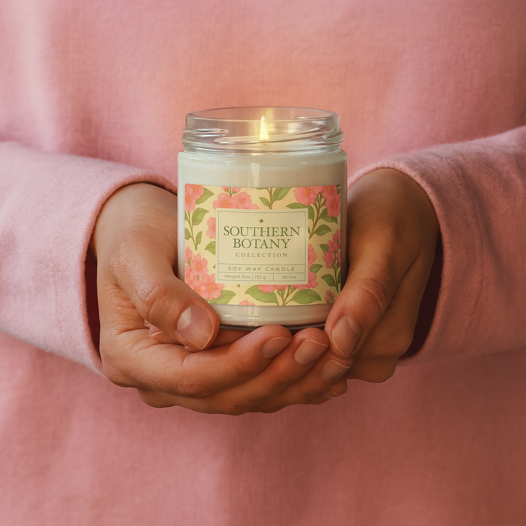 Person holding a Crepe Myrtle candle from the Southern Botany Collection, showcasing its floral design and soft glow.