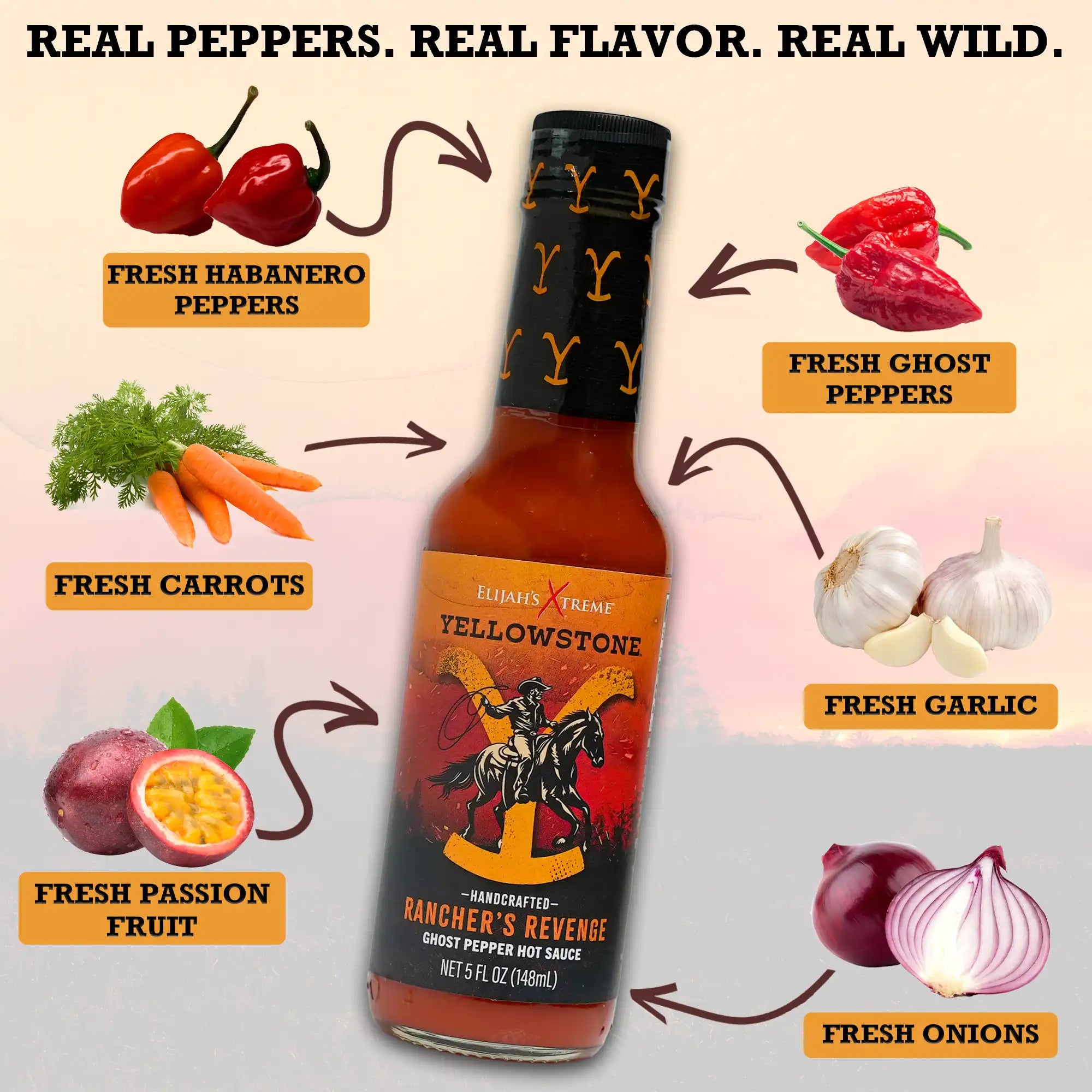 Yellowstone Rancher's Revenge Ghost Pepper Hot Sauce with fresh ingredients, including habaneros, garlic, and passion fruit.
