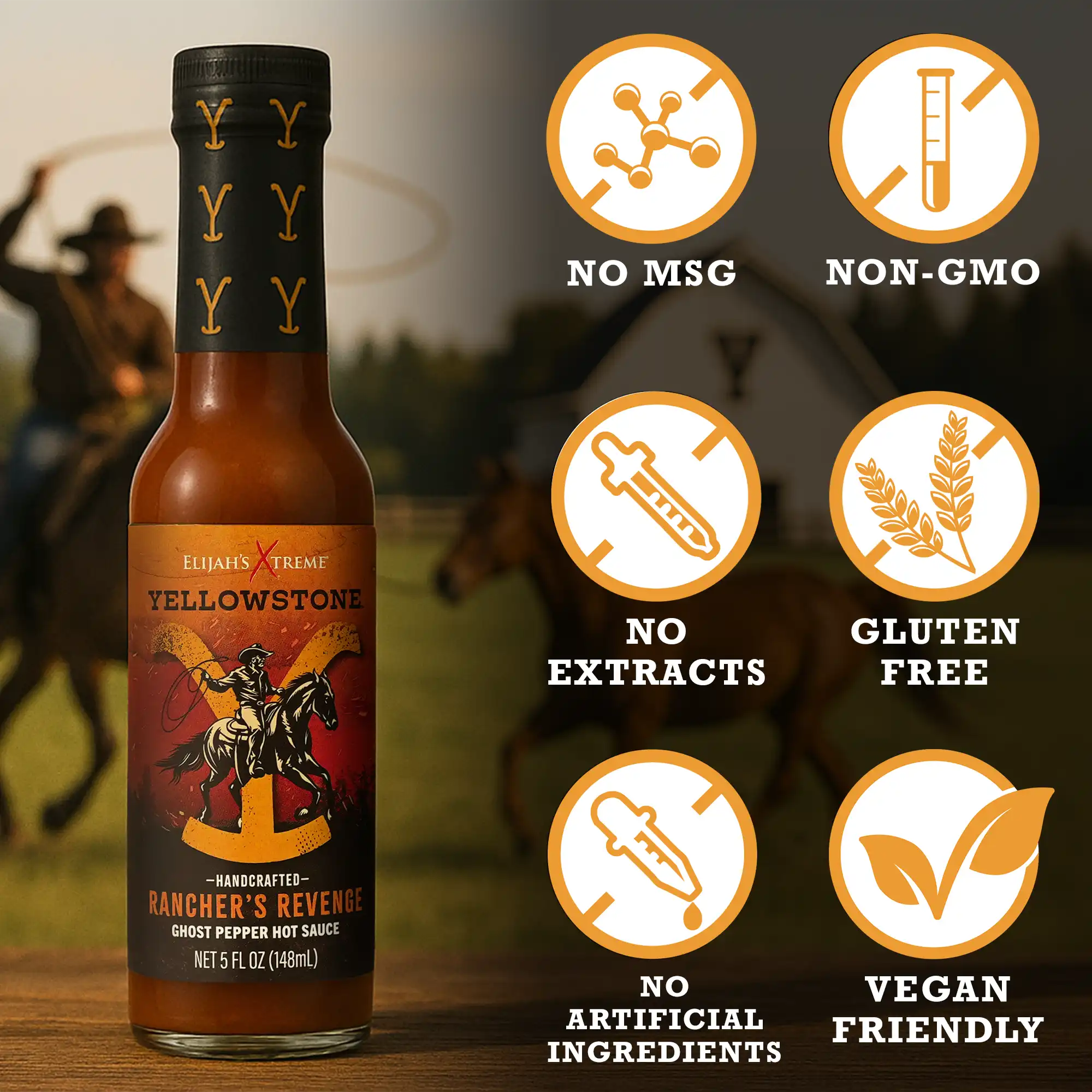 Rancher's Revenge Ghost Pepper Hot Sauce, vegan, gluten-free, no MSG, handcrafted blend for heat lovers.