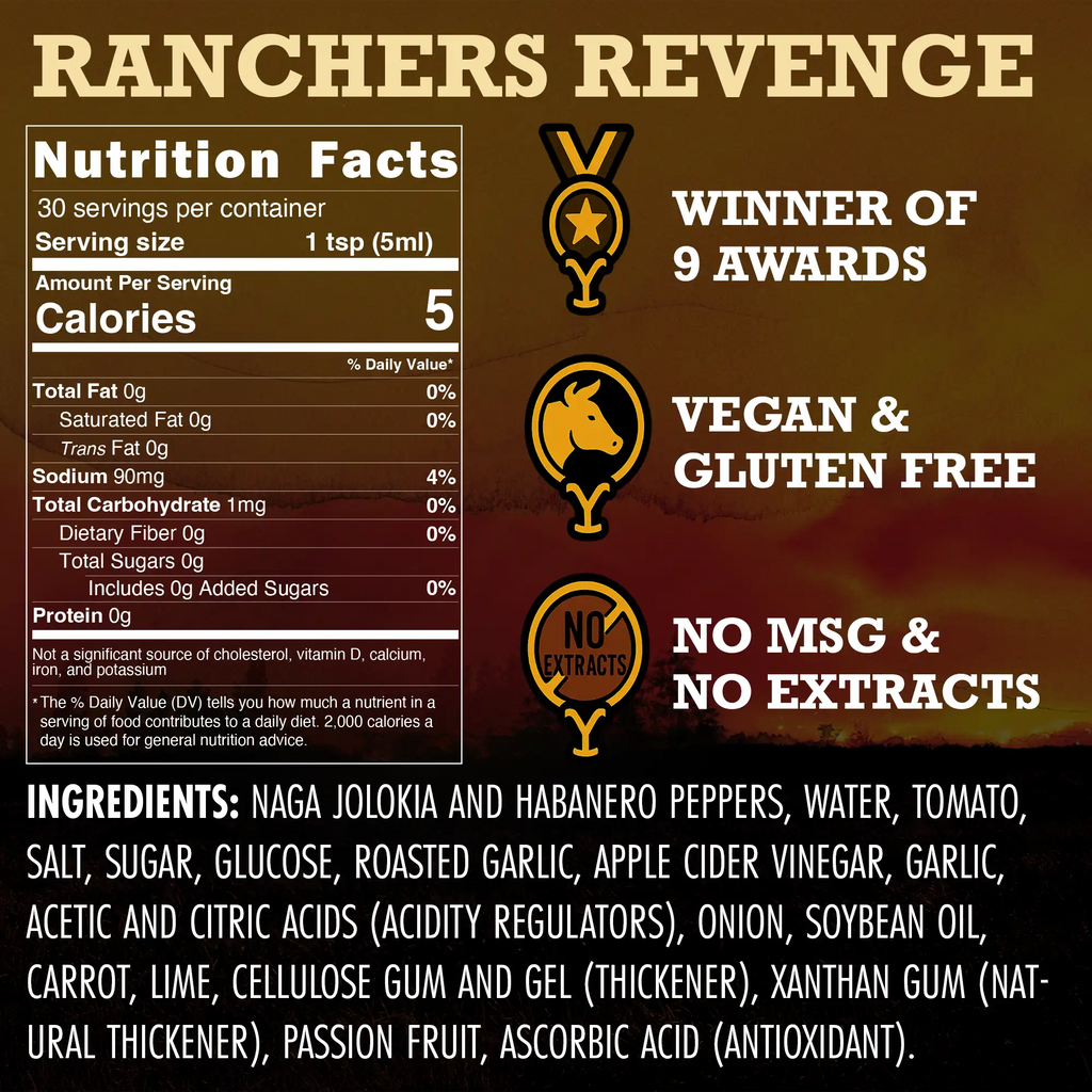 Nutrition facts for Ranchers Revenge Ghost Pepper Hot Sauce, vegan, gluten-free, and award-winning ingredients.