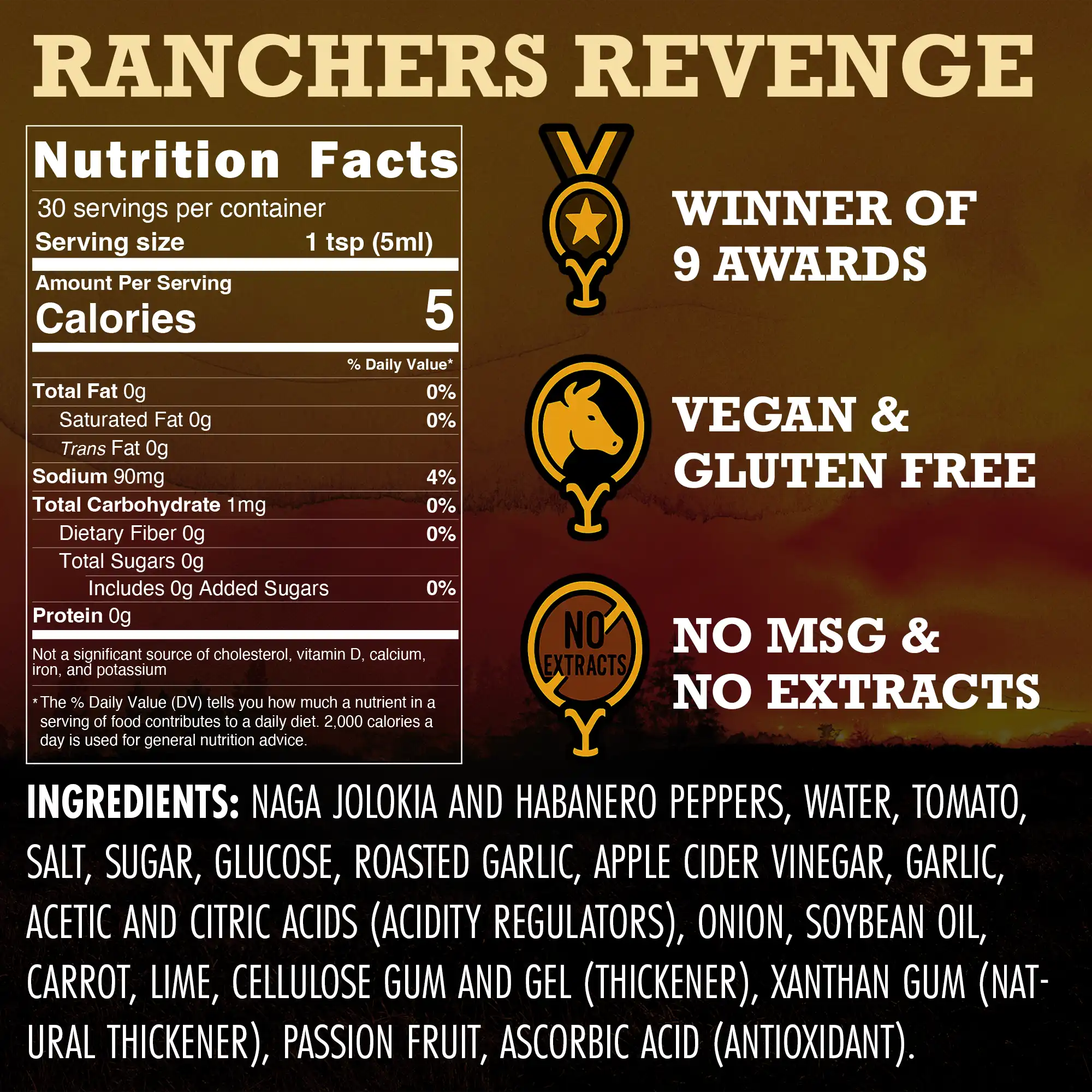 Nutrition facts for Ranchers Revenge Ghost Pepper Hot Sauce, vegan, gluten-free, and award-winning ingredients.
