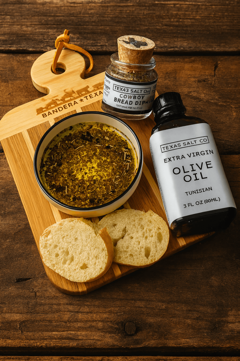 Delicious Bread Dip Gift Set with cowboy dip, olive oil, and bread on a wooden board, perfect for sharing.
