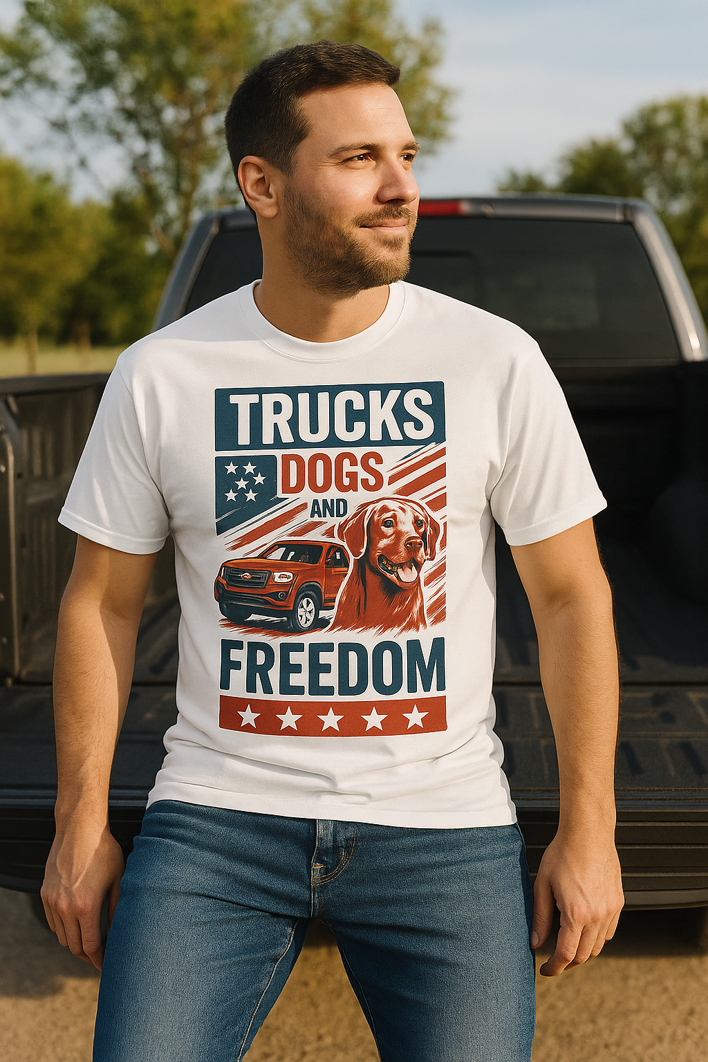 Man wearing a white t-shirt with 'Trucks, Dogs, and Freedom' graphic, showcasing Americana style.