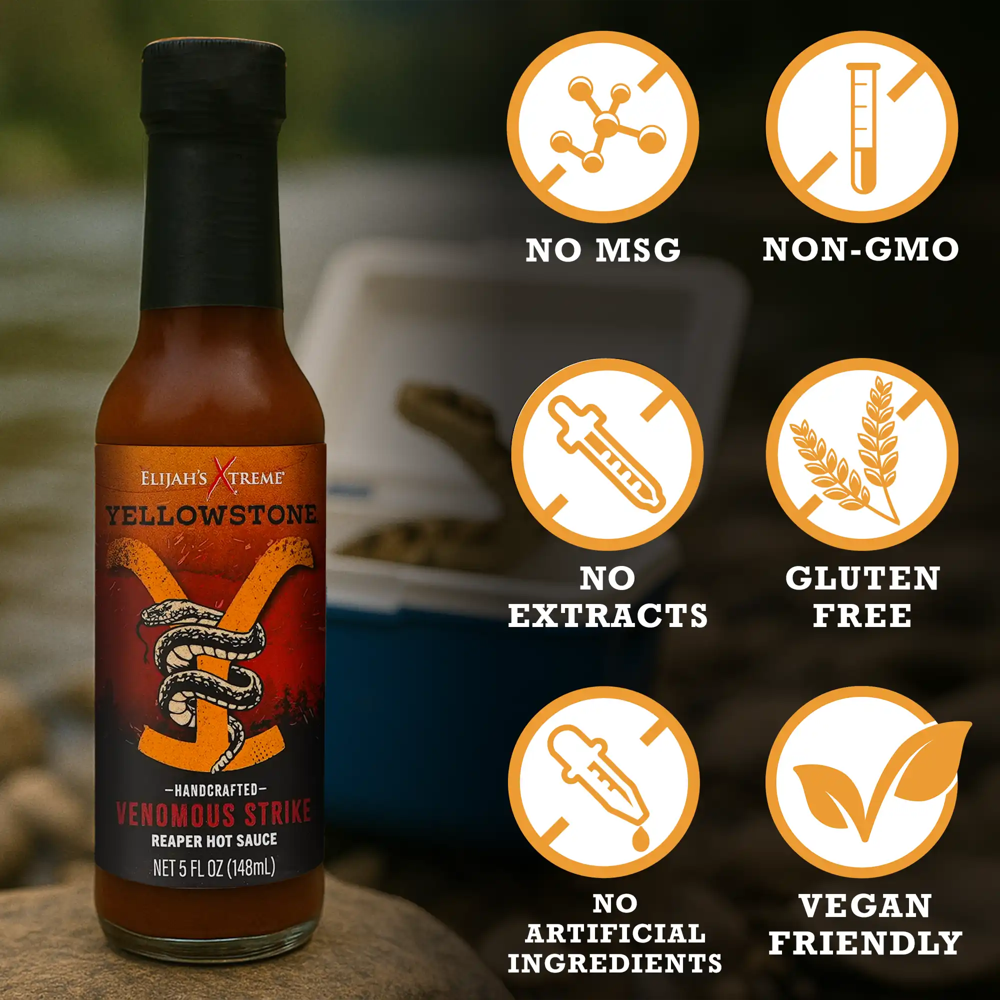 Yellowstone Venomous Strike Reaper Hot Sauce bottle with vegan, gluten-free, and non-GMO icons, highlighting its bold flavor.