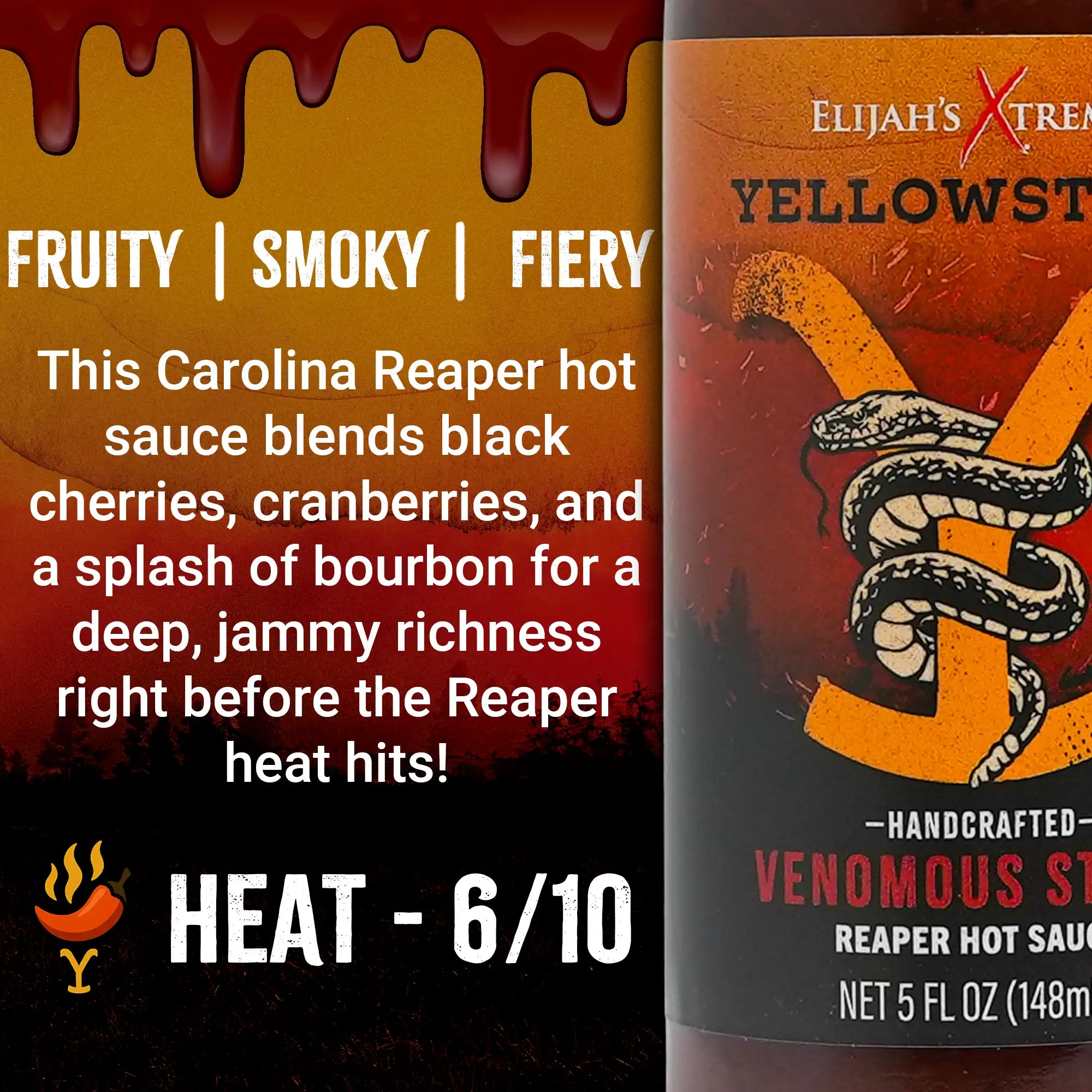 Yellowstone Venomous Strike Reaper Hot Sauce, a fiery blend of Carolina Reaper, black cherries, and bourbon.