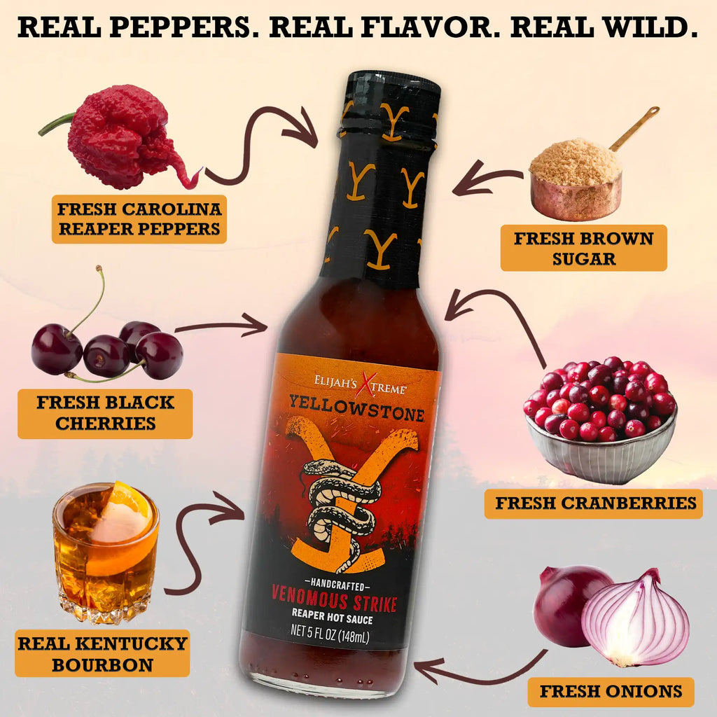 Yellowstone Venomous Strike Reaper Hot Sauce with fresh ingredients like Carolina Reaper peppers, cherries, and bourbon.