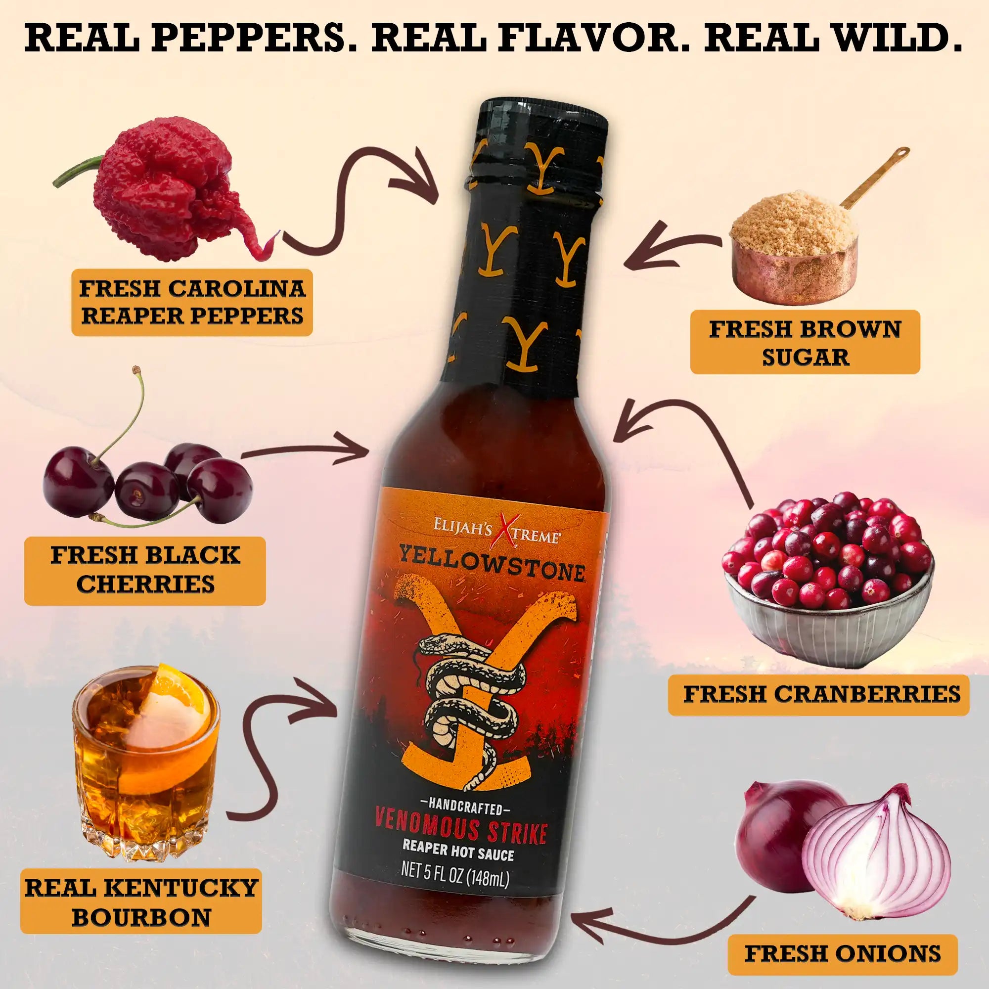 Yellowstone Venomous Strike Reaper Hot Sauce with fresh ingredients like Carolina Reaper peppers, cherries, and bourbon.