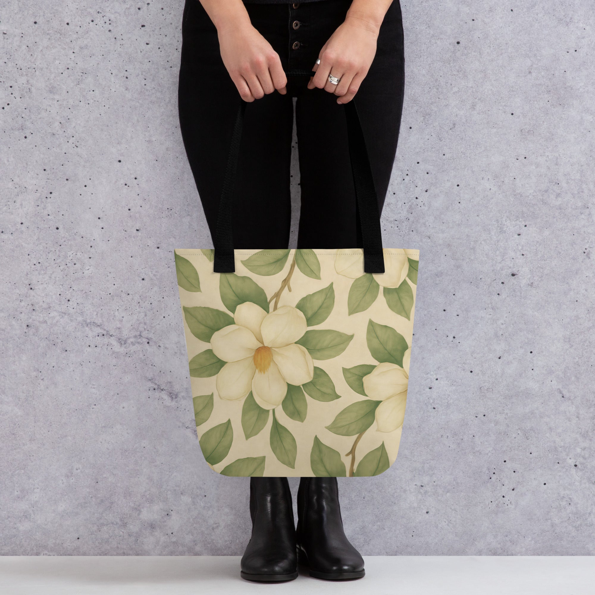 Stylish Magnolia print tote bag from the Southern Botany Collection, showcasing a floral design and eco-friendly materials.