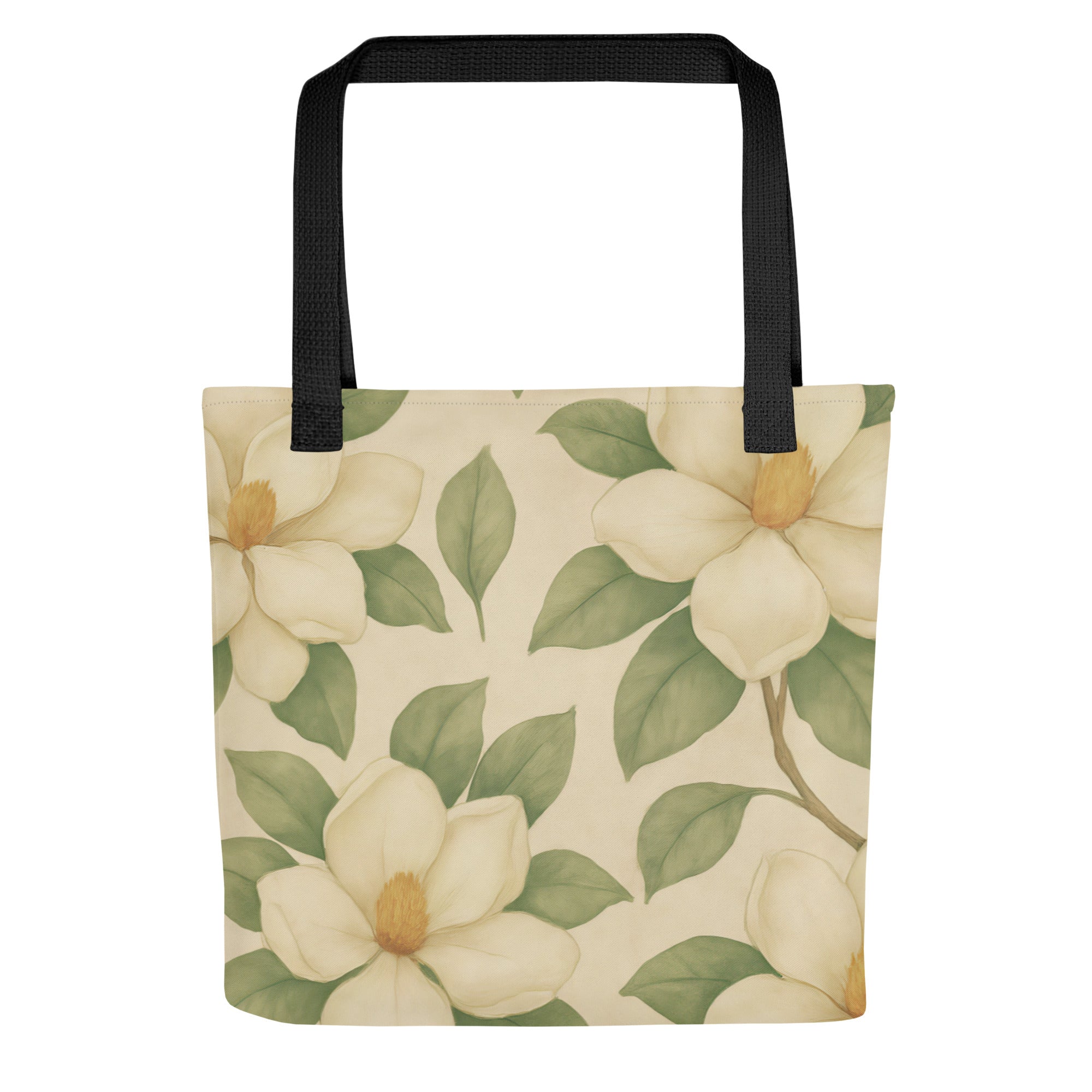 Magnolia print tote bag from Southern Botany Collection, featuring lush flowers on a light background, perfect for eco-friendly style.