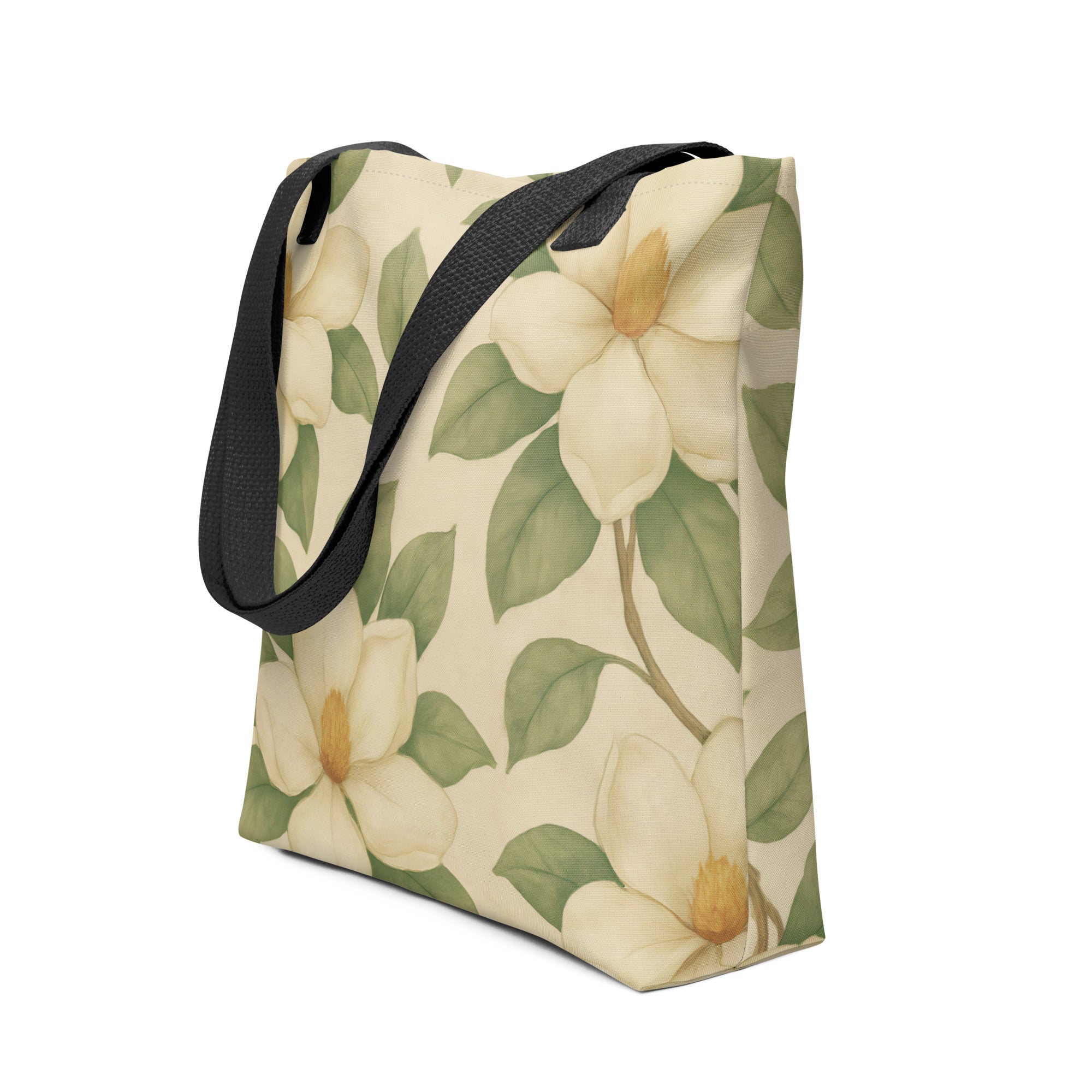 Magnolia print tote bag from Southern Botany Collection, showcasing elegant blooms and eco-friendly design.