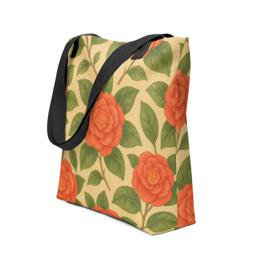 Camellia all-over print tote bag with vibrant blooms, part of Yallco's Southern Botany Collection.