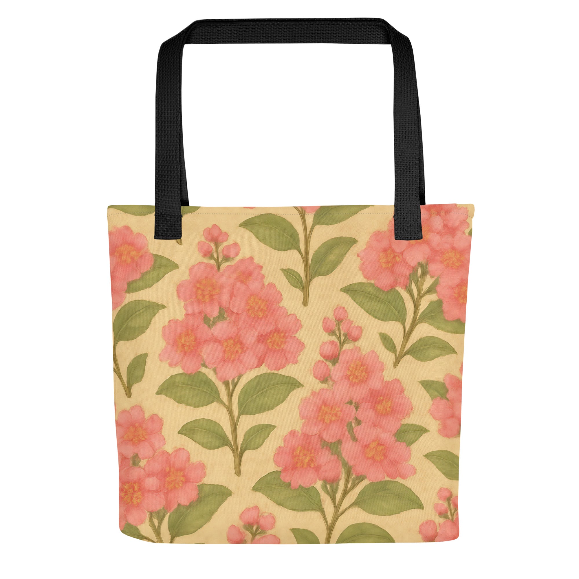 Crepe Myrtle All-Over Print Tote Bag from Southern Botany Collection, featuring pink blooms and eco-friendly materials.